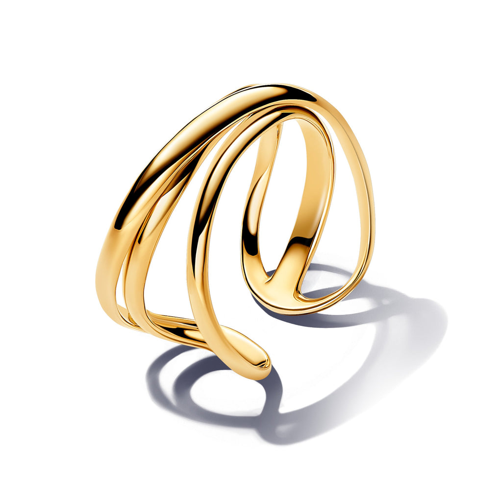 PANDORA Organically Shaped Triple Band Open Ring 14K Gold Plated Unique Metal Blend Rings Statement Ring Jewelry Gift