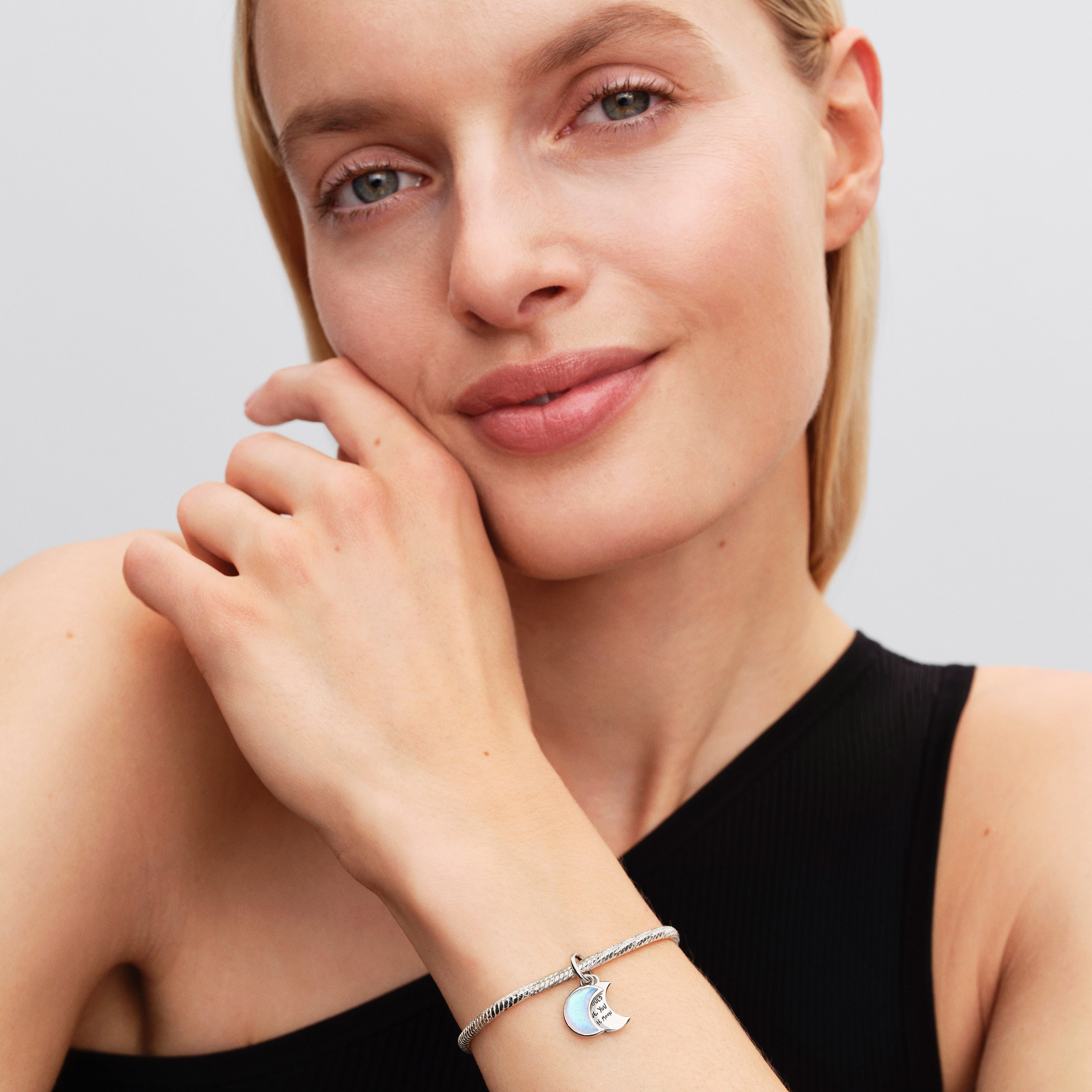 PANDORA Crescent Moon Double Dangle Charm Moonstone Iridescent Glass Blue Charms Bracelet Charm Jewelry Gift