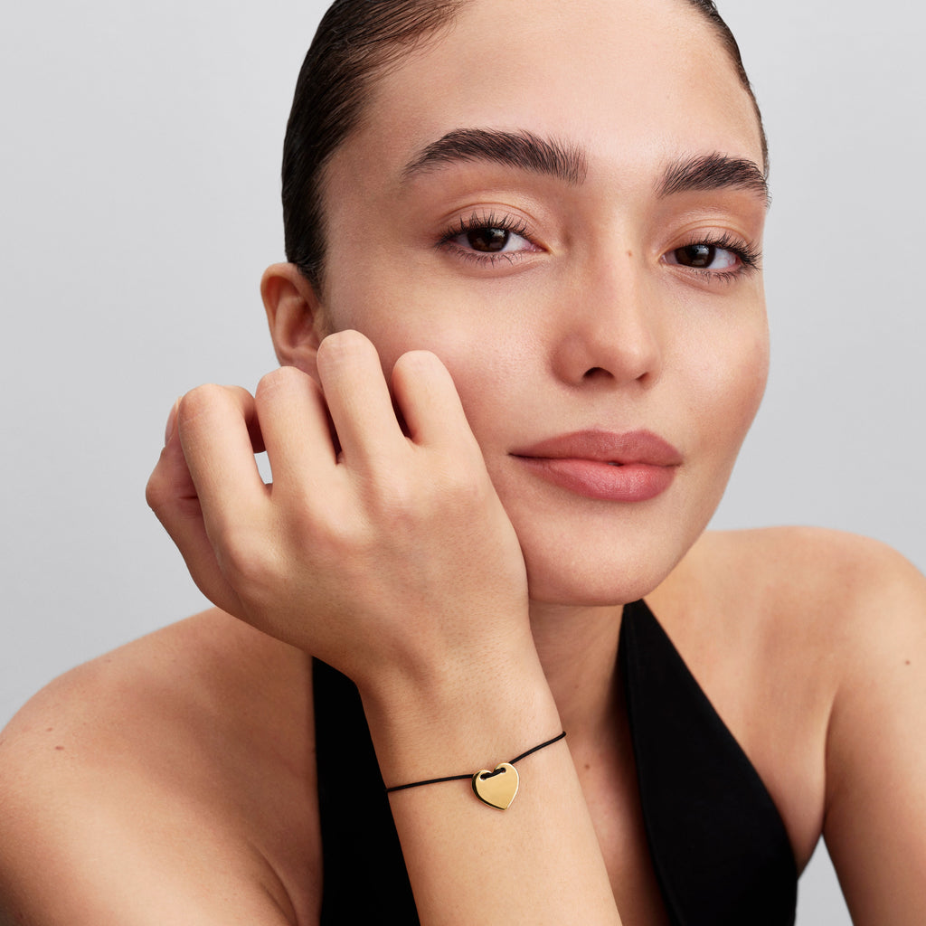 PANDORA Engravable Heart Black Cord Slider Bracelet 14K Gold Plated Unique Metal Blend Bracelets Chain Bracelet Jewelry Gift