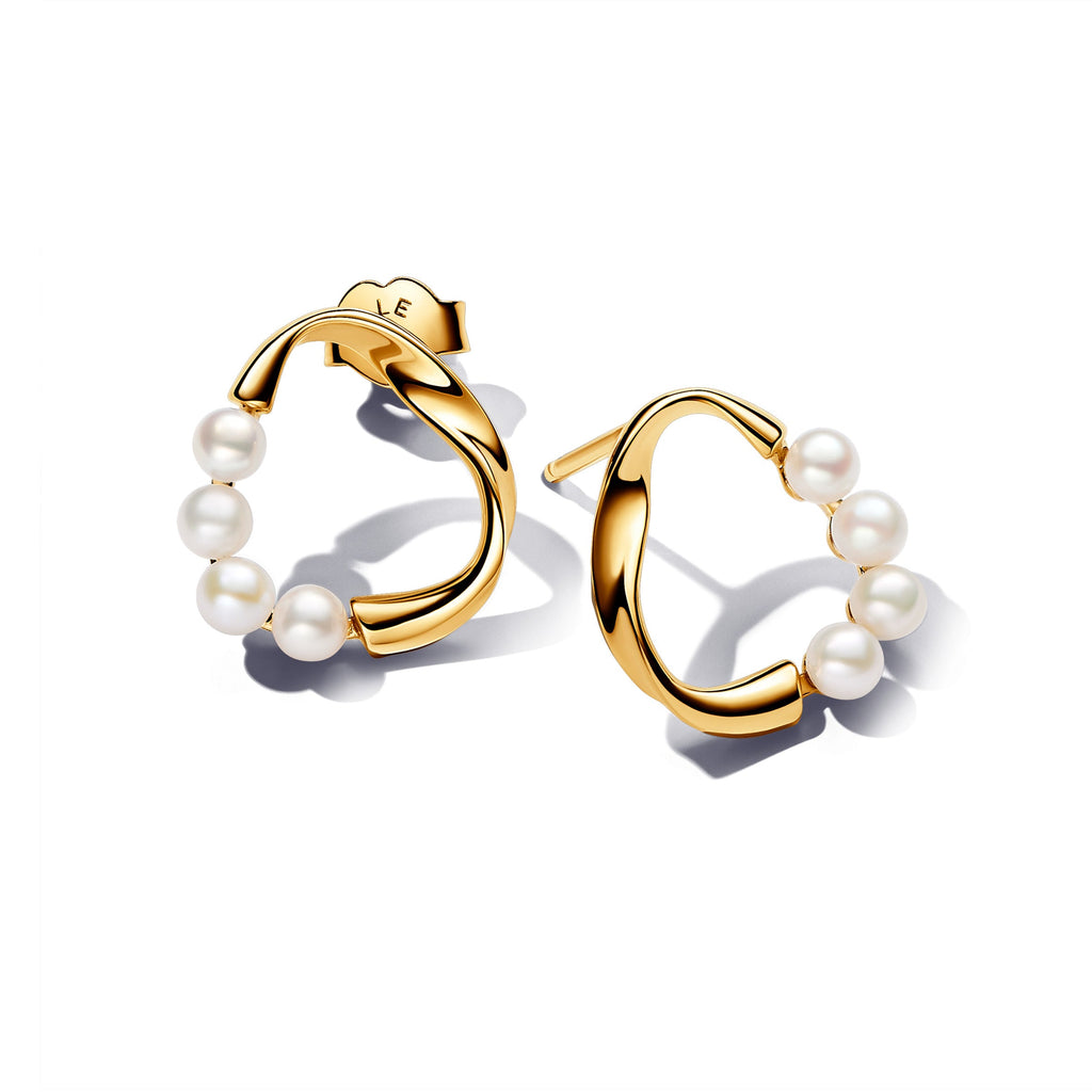 PANDORA Organically Shaped Circle And Treated Freshwater Cultured Pearls Stud Earrings 14K Gold Plated Unique Metal Blend Statement Ring Jewelry Gift