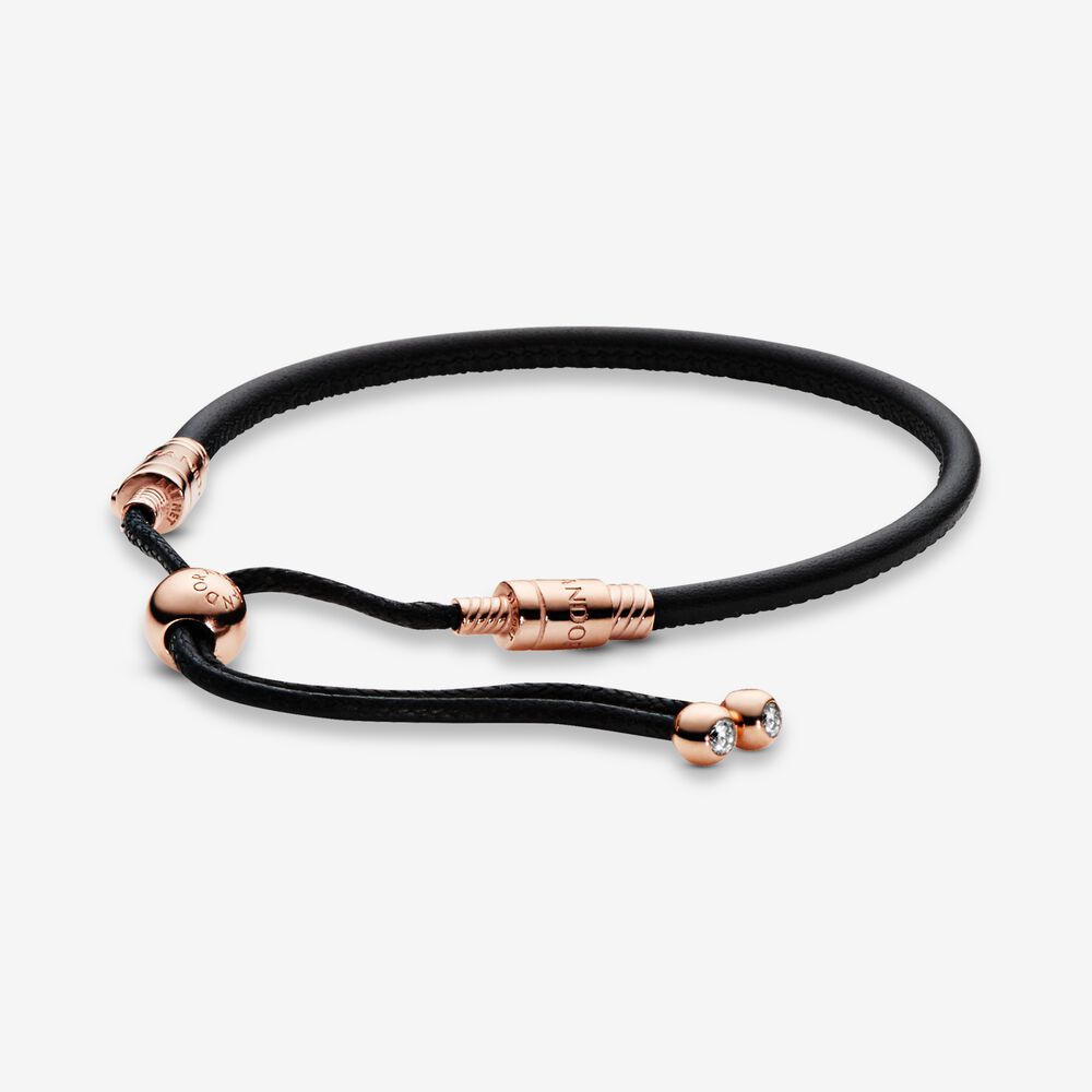 PANDORA Moments Leather Slider Bracelet 14K Rose Gold Plated Unique Metal Blend Black Bracelets Chain Bracelet Jewelry Gift