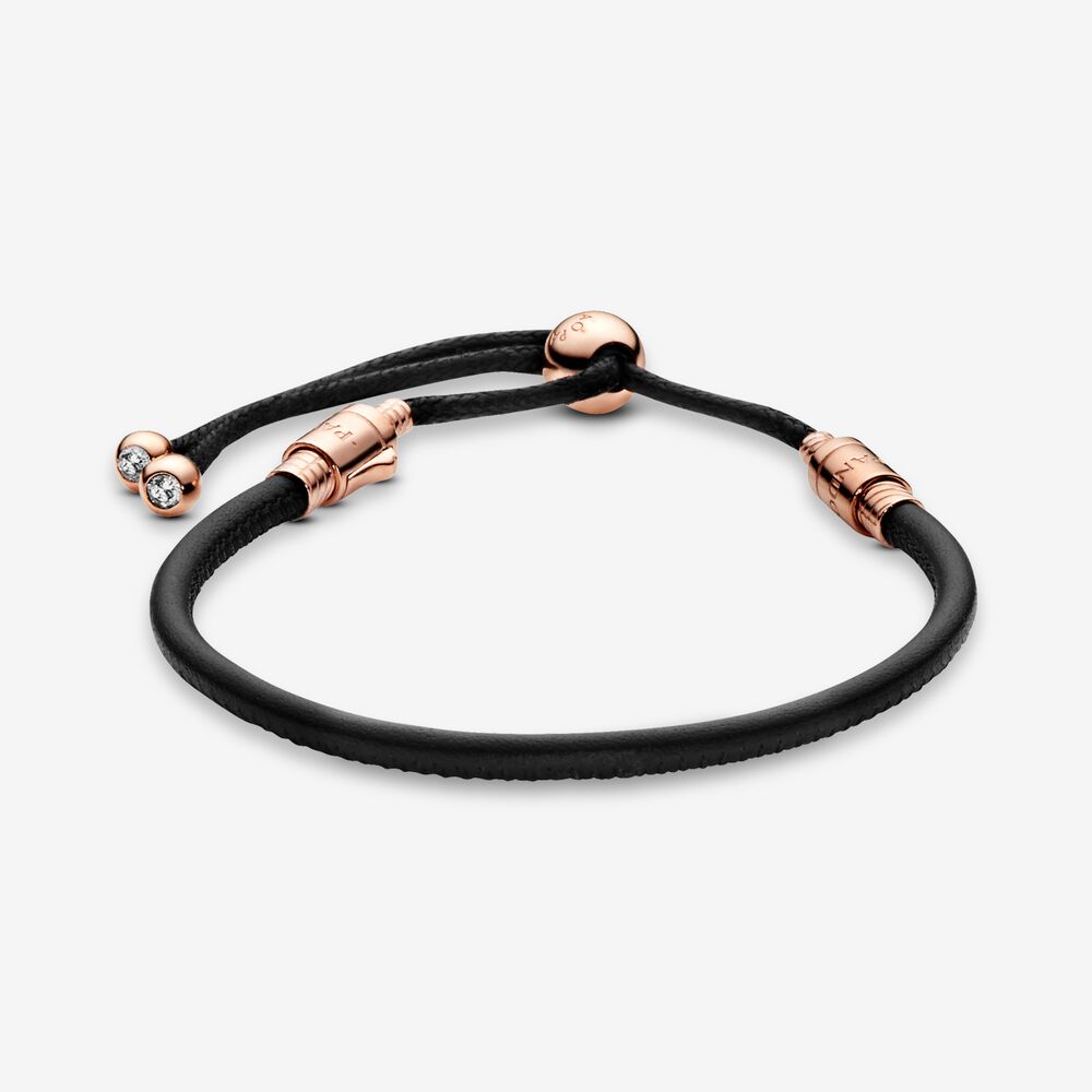 PANDORA Moments Leather Slider Bracelet 14K Rose Gold Plated Unique Metal Blend Black Bracelets Chain Bracelet Jewelry Gift