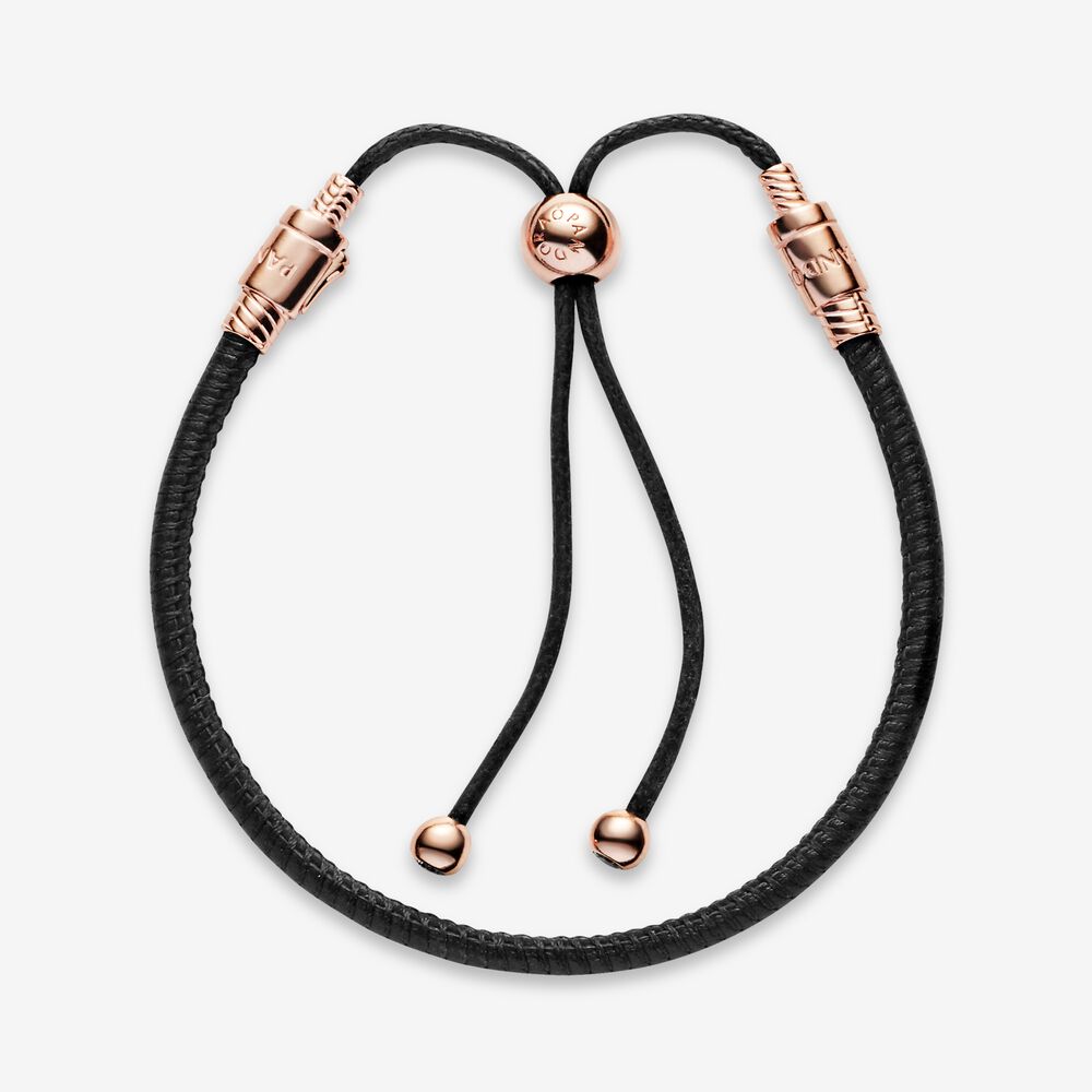 PANDORA Moments Leather Slider Bracelet 14K Rose Gold Plated Unique Metal Blend Black Bracelets Chain Bracelet Jewelry Gift