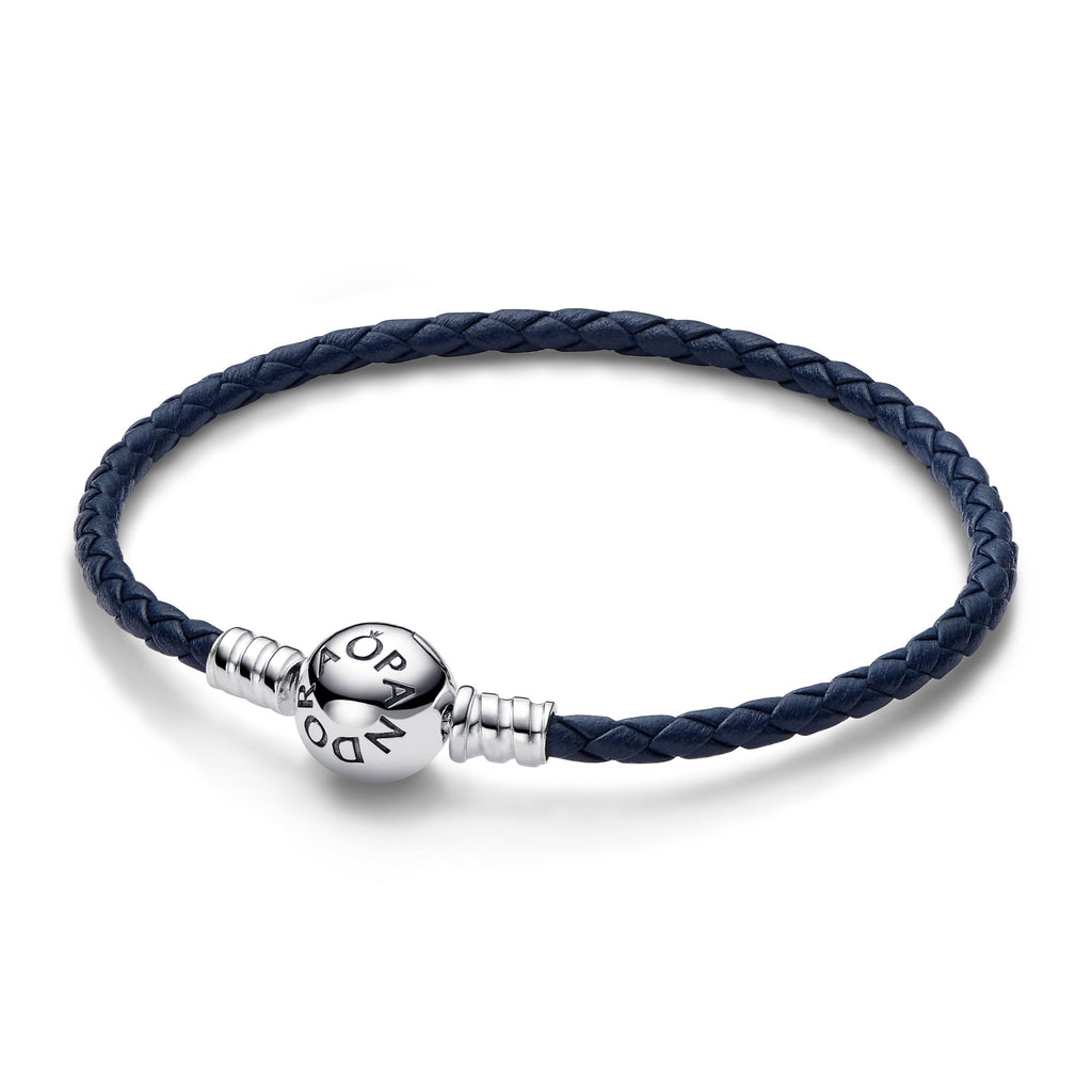 PANDORA Moments Round Clasp Blue Braided Leather Bracelet Sterling Silver Bracelets Chain Bracelet Jewelry Gift