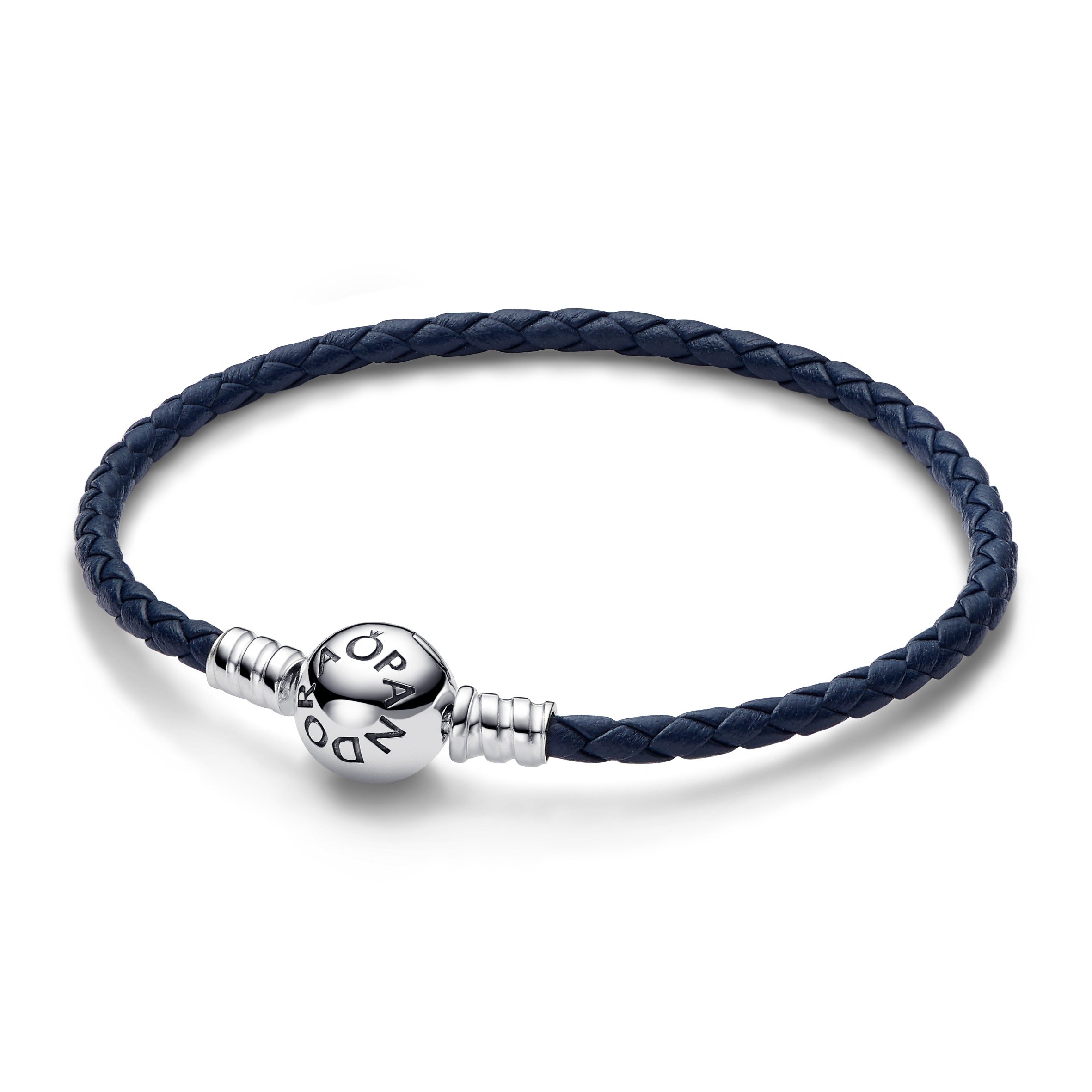 PANDORA Moments Round Clasp Blue Braided Leather Bracelet Sterling Silver Bracelets Chain Bracelet Jewelry Gift