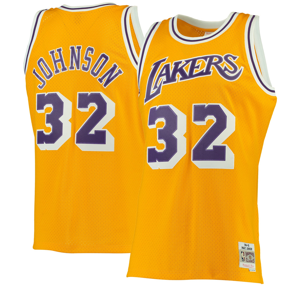 Los Angeles Lakers NBA Men's Mitchell & Ness Magic Johnson Gold 1984-85 Hardwood Classics Swingman Jersey