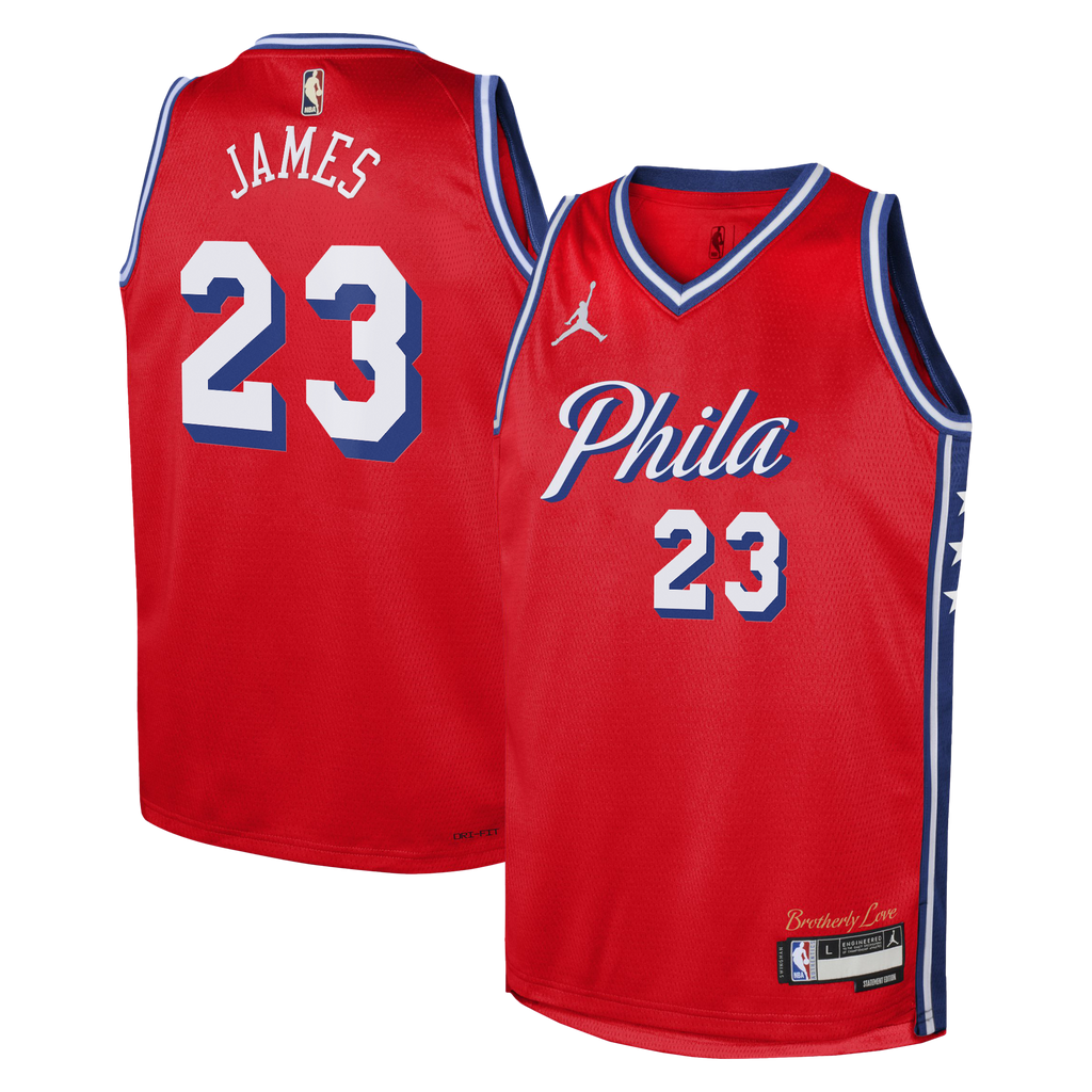 Philadelphia 76ers NBA Jordan Brand Statement Edition Swingman Jersey - Red - LeBron James - Youth