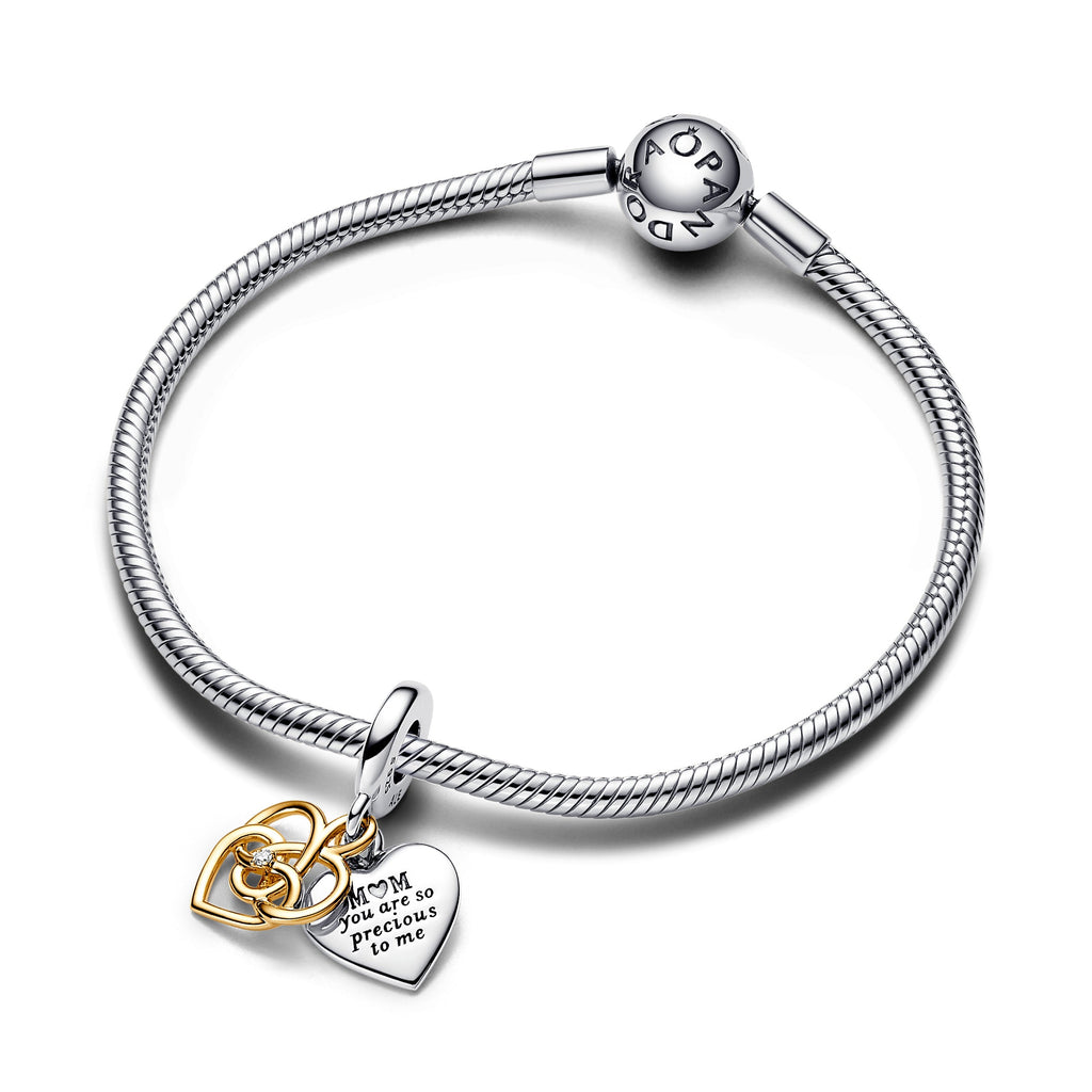 PANDORA Lab-grown Diamond Engravable Mom Double Dangle Charm 14K Gold Plated Unique Metal Blend Mothers Day Charms Bracelet Charm Jewelry Gift