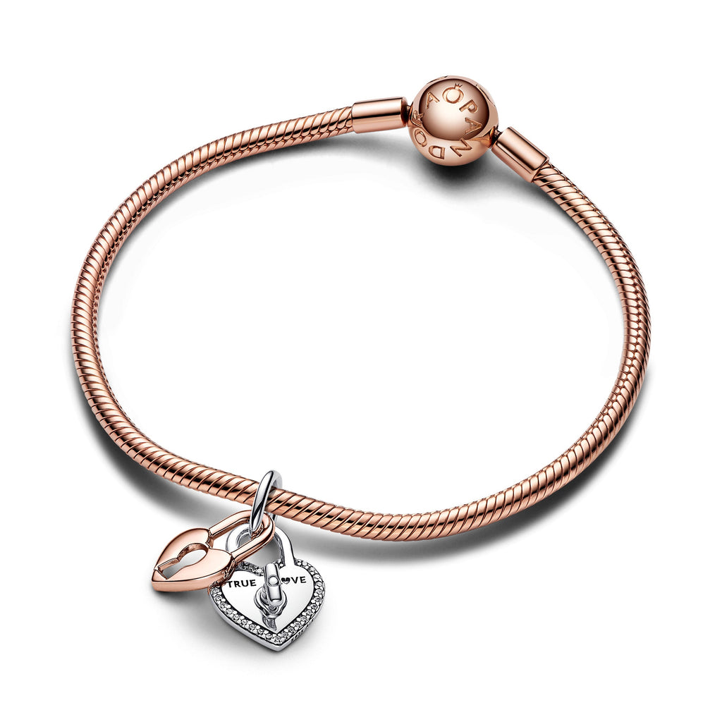 PANDORA Two-tone Twistable Heart Padlock Double Dangle Charm Charms Bracelet Charm Jewelry Gift