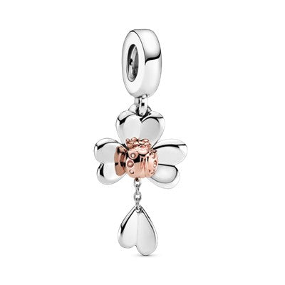 PANDORA Clover And Ladybird Dangle Charm 14K Rose Gold Plated Unique Metal Blend Charms Bracelet Charm Jewelry Gift