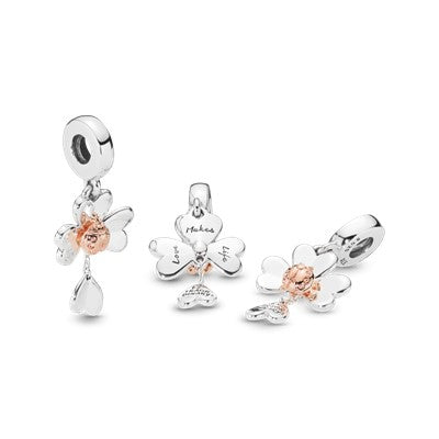 PANDORA Clover And Ladybird Dangle Charm 14K Rose Gold Plated Unique Metal Blend Charms Bracelet Charm Jewelry Gift