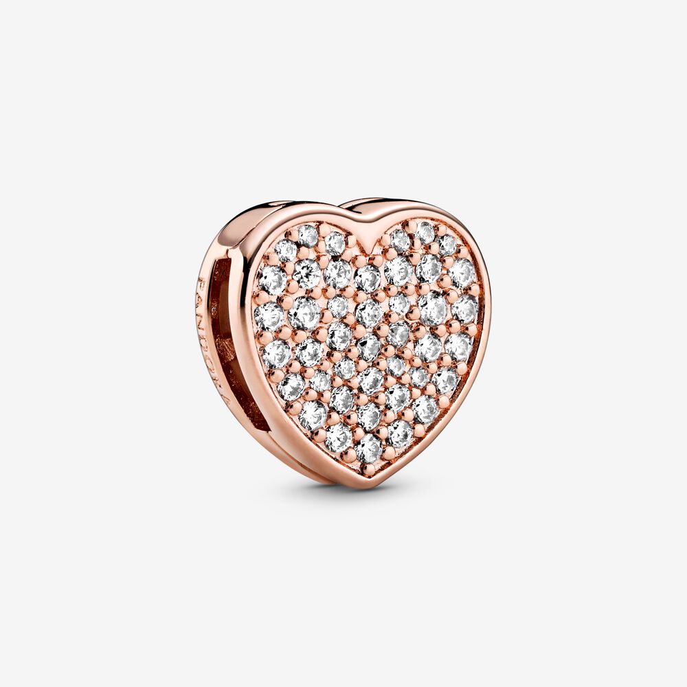 PANDORA Pavé Heart Clip Charm 14K Rose Gold Plated Unique Metal Blend Charms Bracelet Charm Jewelry Gift