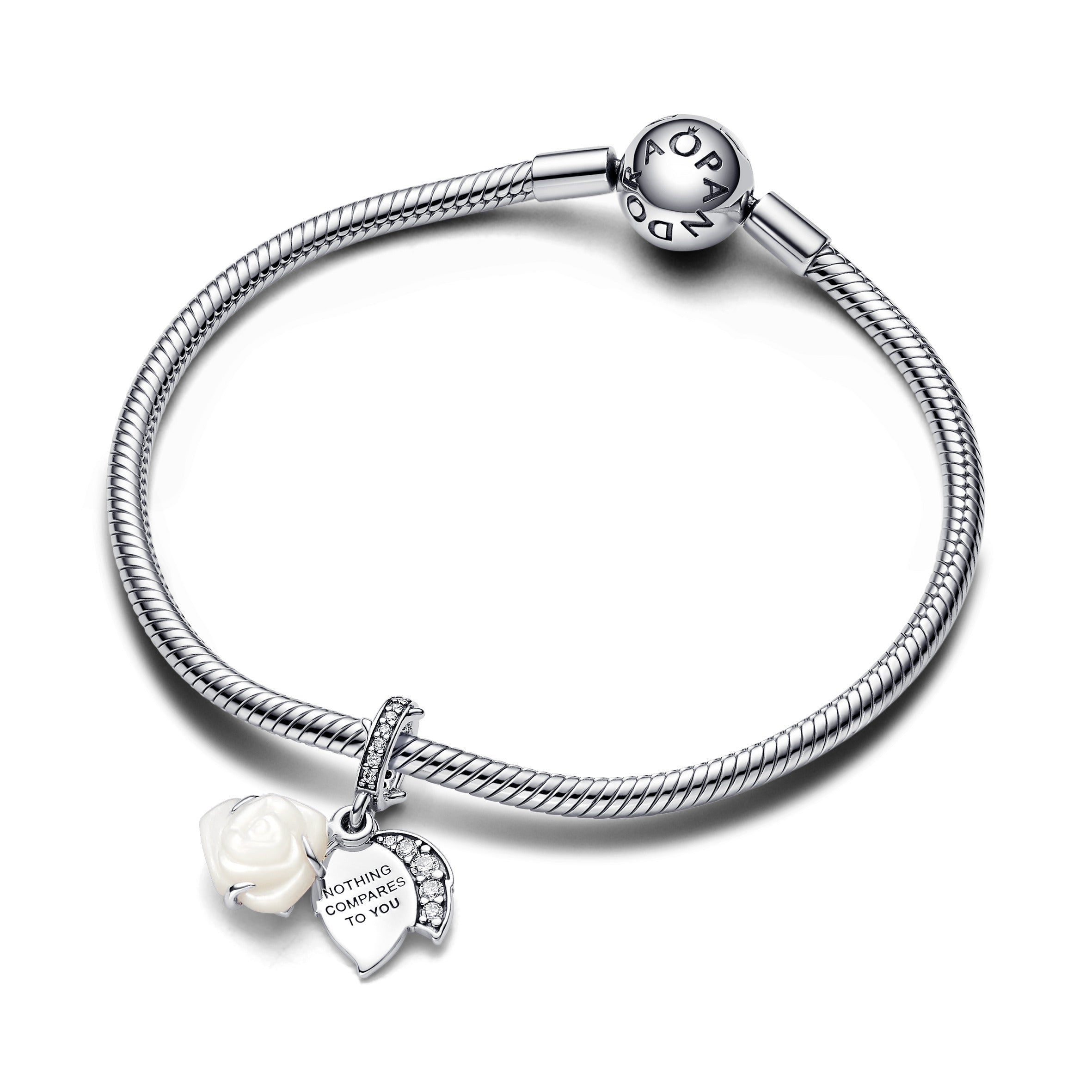 PANDORA White Rose In Bloom Double Dangle Charm Charms Bracelet Charm Jewelry Gift