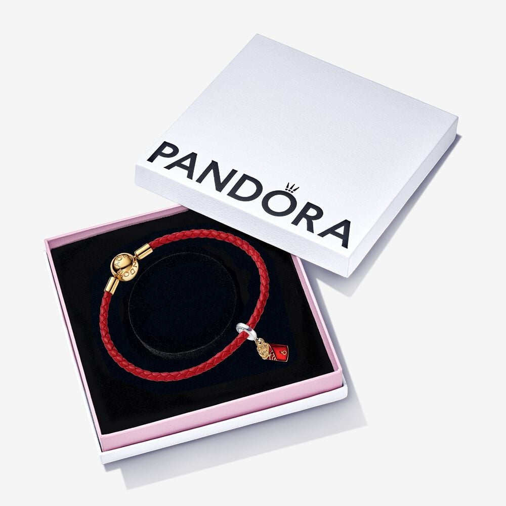 Two-tone Red Envelope Dangle Charm And PANDORA Moments Red Woven Leather Bracelet Set 14K Gold Plated Unique Metal Blend Giftsets Bracelet Charm