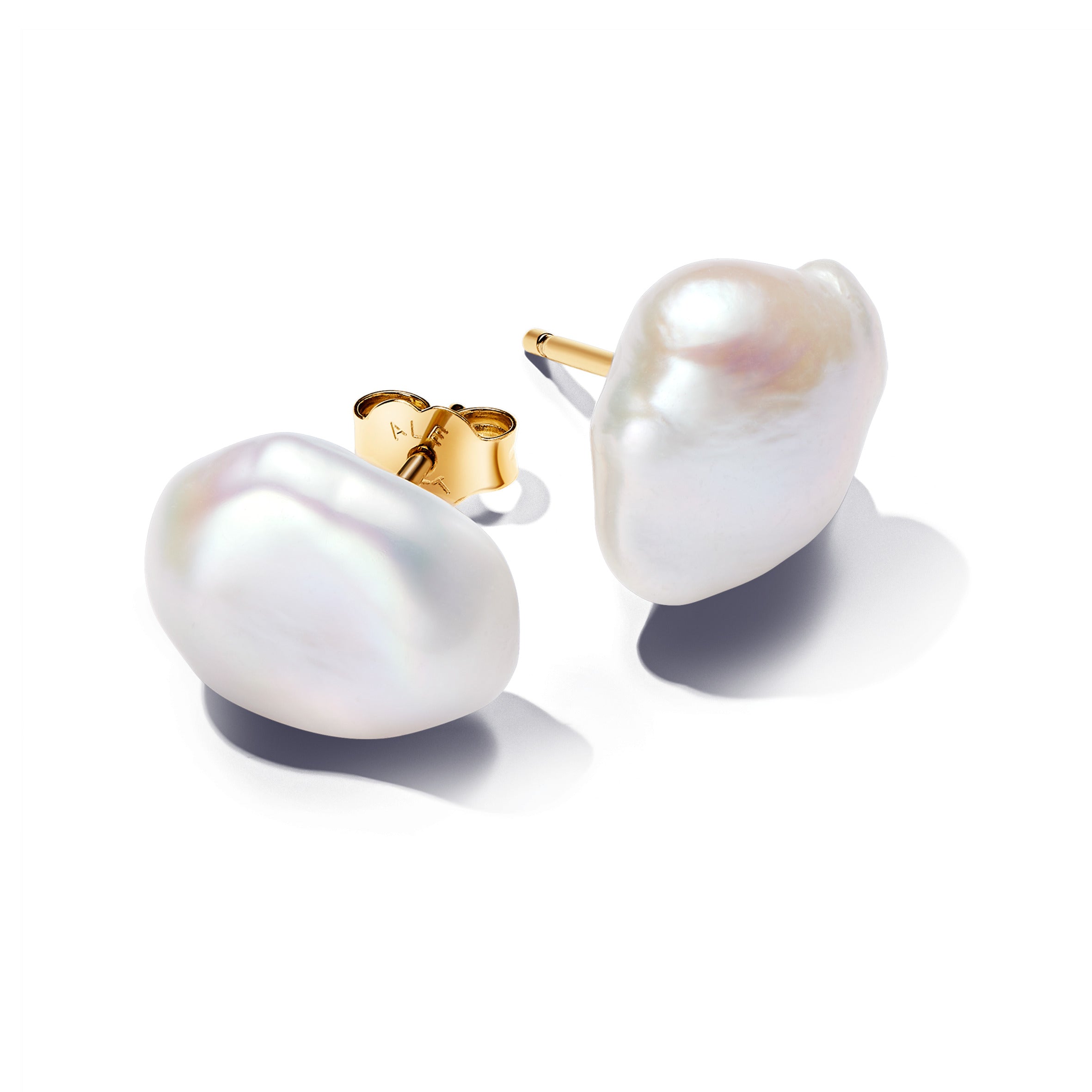 PANDORA Baroque Treated Freshwater Cultured Pearl Stud Earrings 14K Gold Plated Unique Metal Blend White Statement Ring Jewelry Gift