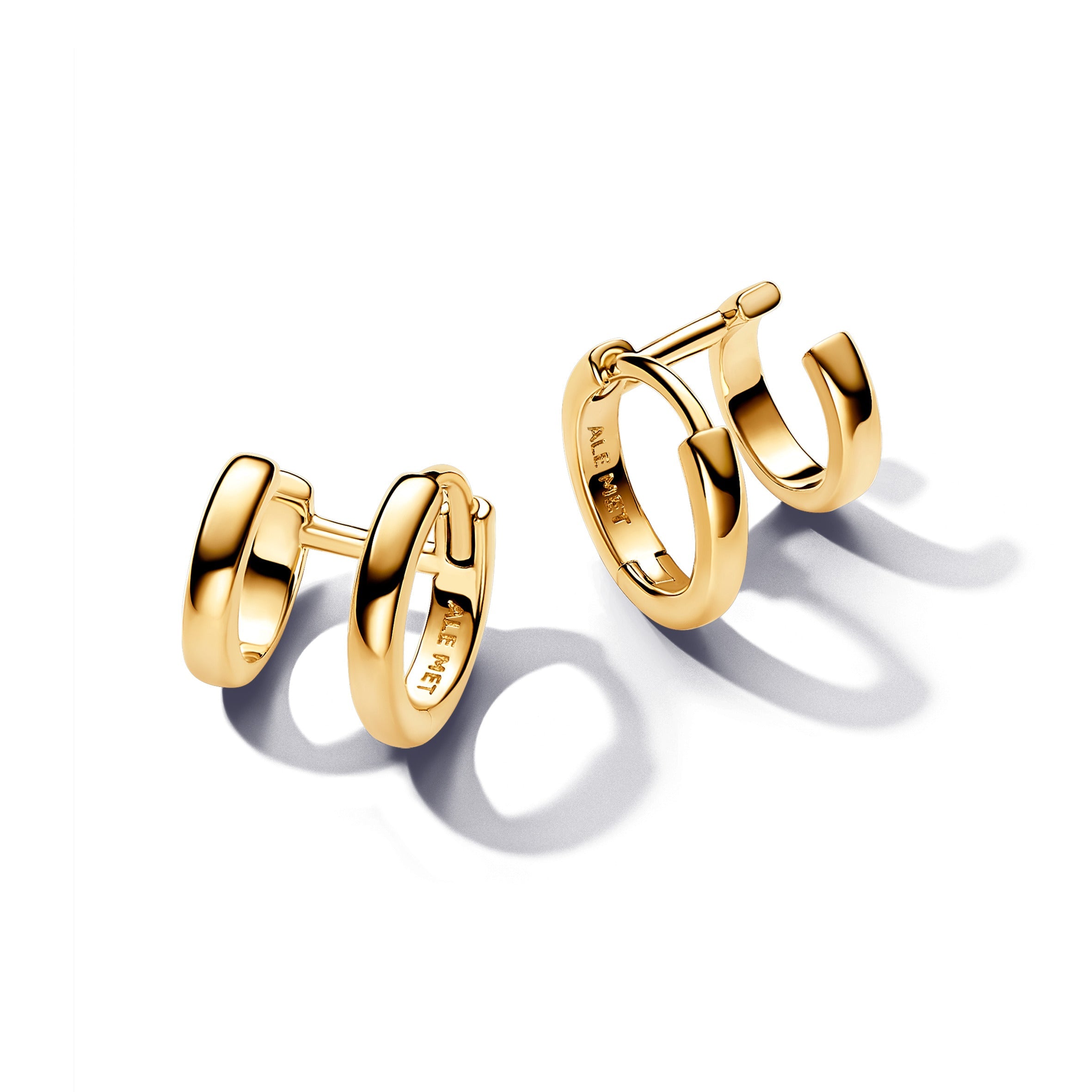 PANDORA Double Huggie Hoop Earrings 14K Gold Plated Unique Metal Blend Statement Ring Jewelry Gift