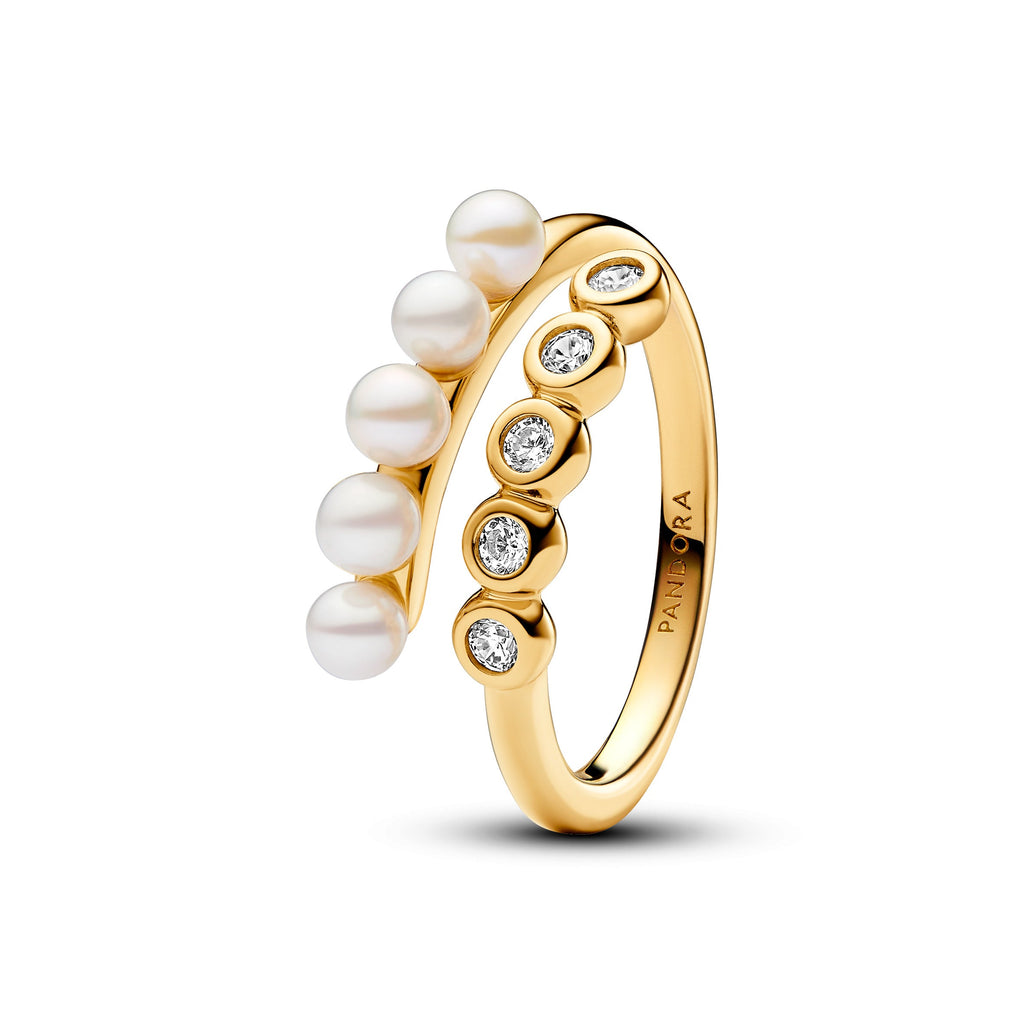 PANDORA Treated Freshwater Cultured Pearls And Stones Open Ring 14K Gold Plated Unique Metal Blend Rings Statement Ring Jewelry Gift