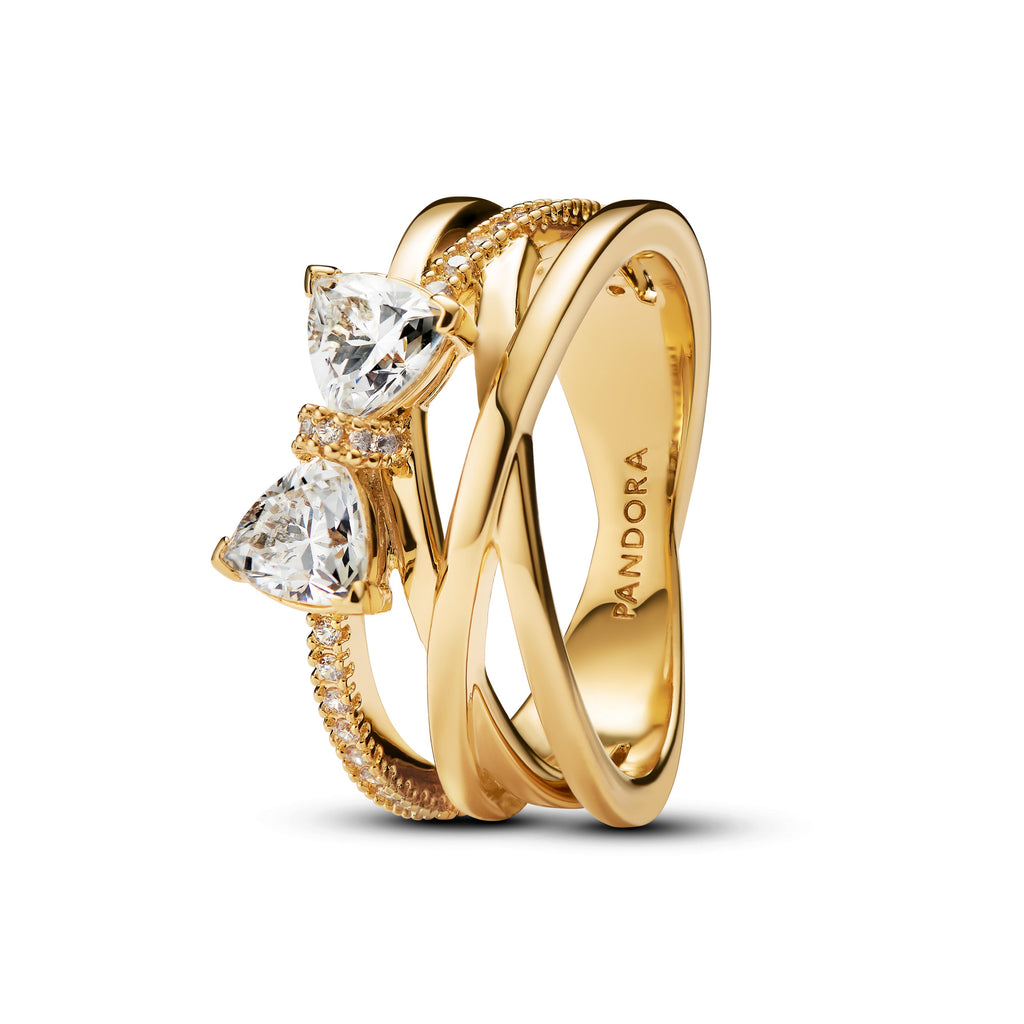 PANDORA Sparkling Bow And Crossover Band Ring 14K Gold Plated Unique Metal Blend Rings Statement Ring Jewelry Gift