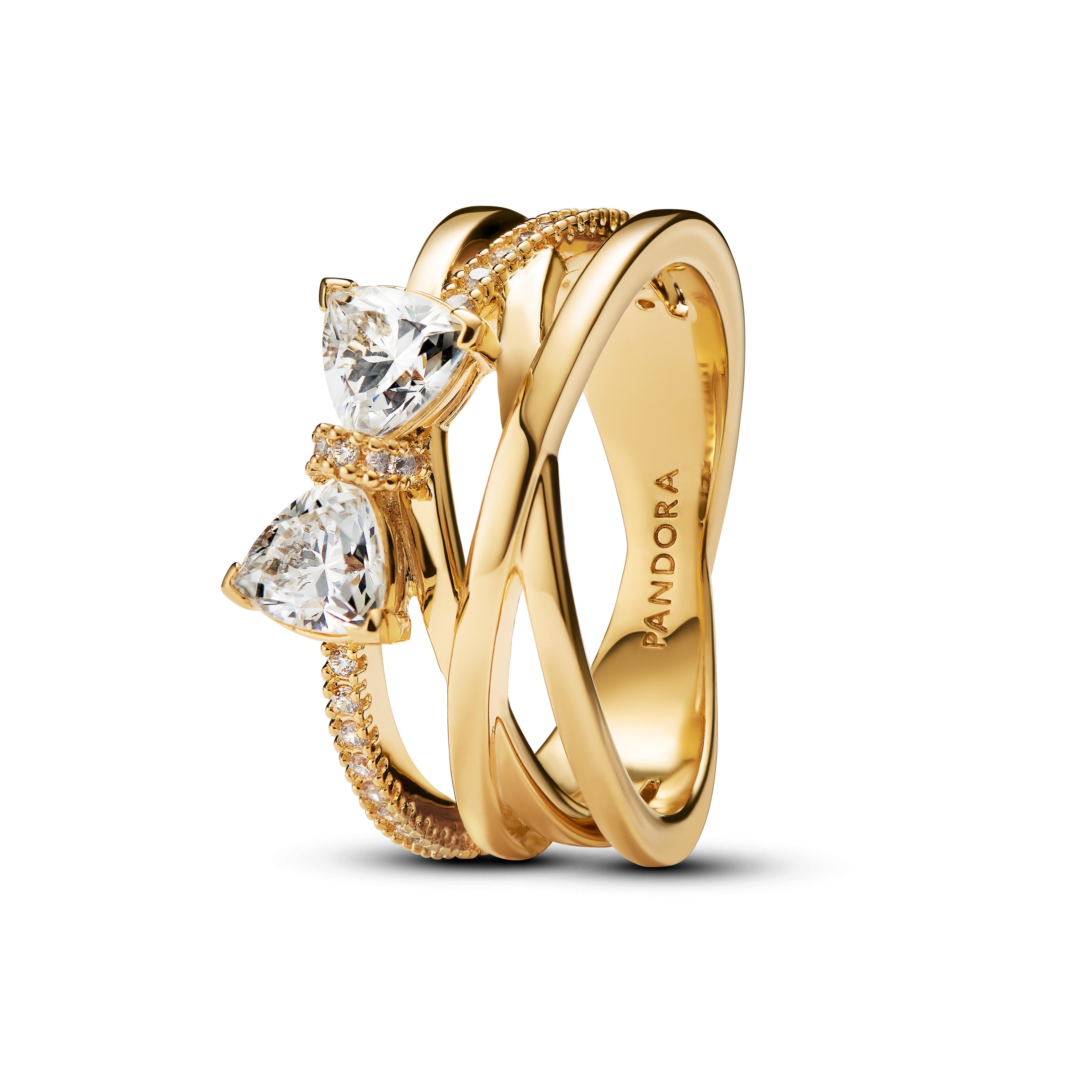 PANDORA Sparkling Bow And Crossover Band Ring 14K Gold Plated Unique Metal Blend Rings Statement Ring Jewelry Gift