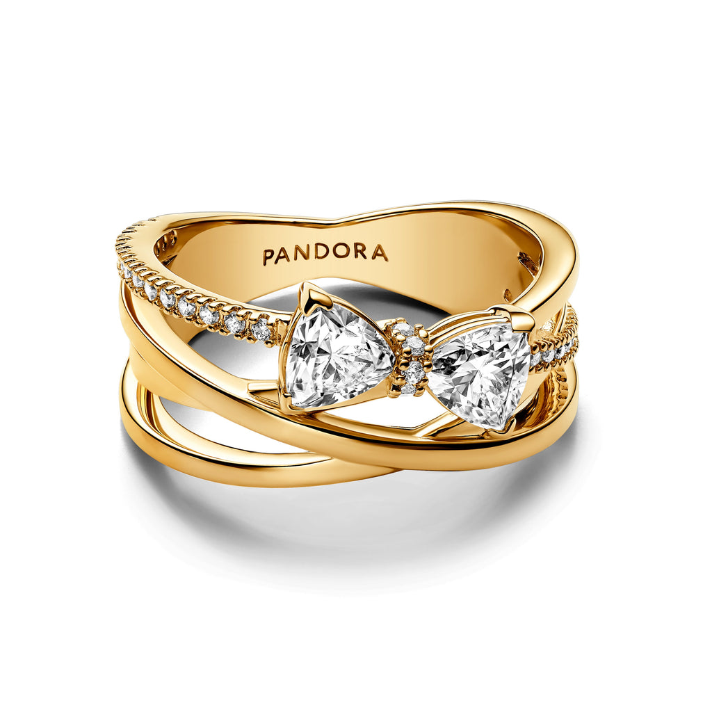 PANDORA Sparkling Bow And Crossover Band Ring 14K Gold Plated Unique Metal Blend Rings Statement Ring Jewelry Gift