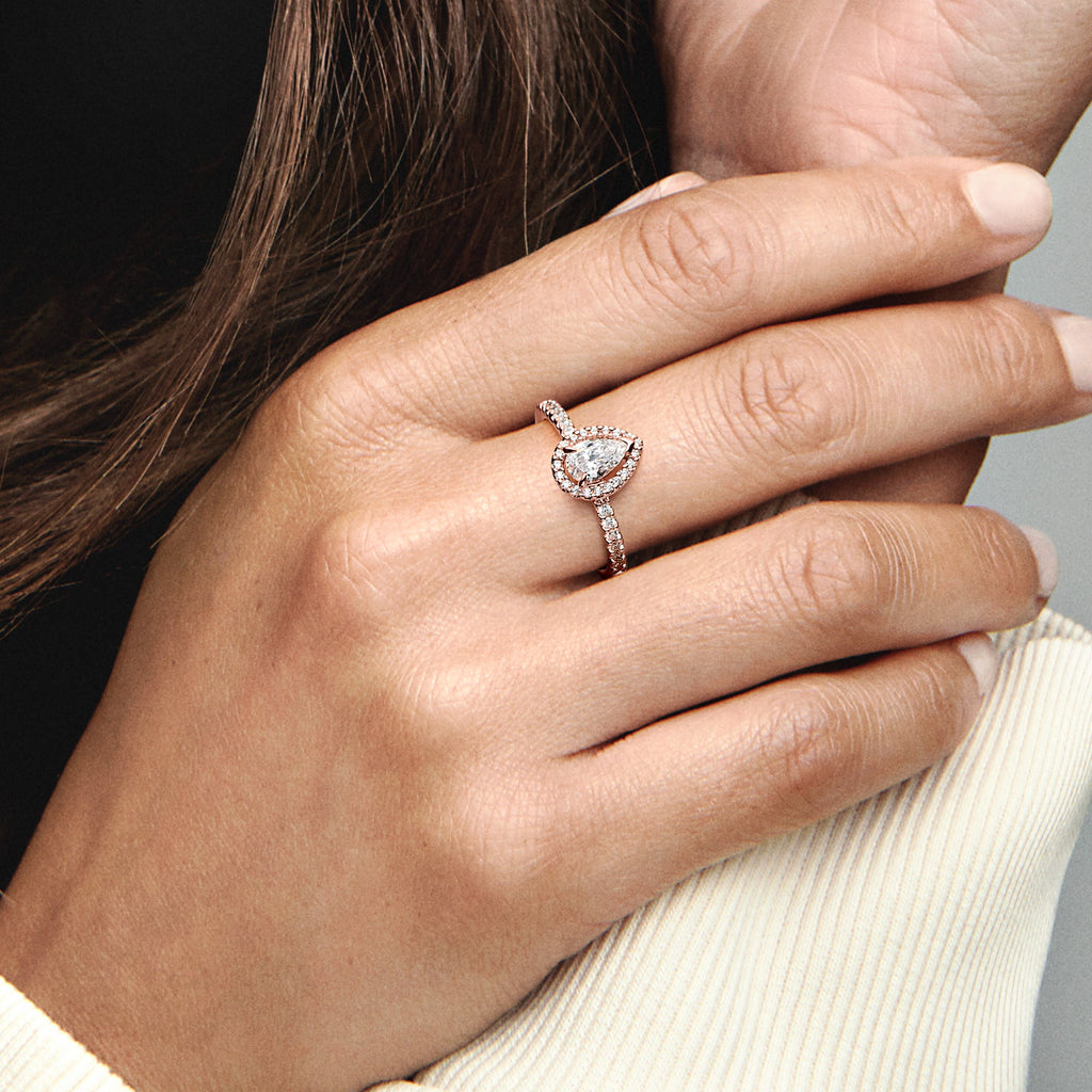 PANDORA Sparkling Pear Halo Ring 14K Rose Gold Plated Unique Metal Blend Rings Statement Ring Jewelry Gift