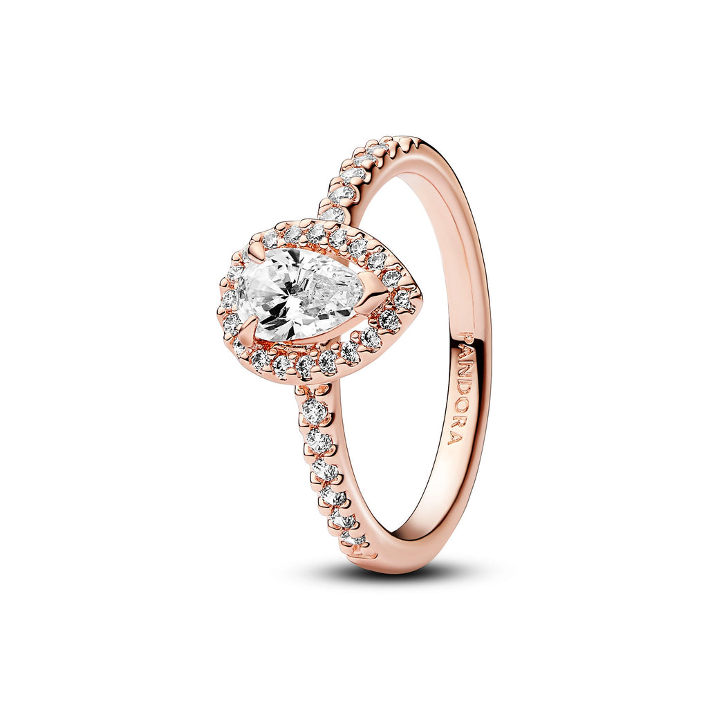 PANDORA Sparkling Pear Halo Ring 14K Rose Gold Plated Unique Metal Blend Rings Statement Ring Jewelry Gift
