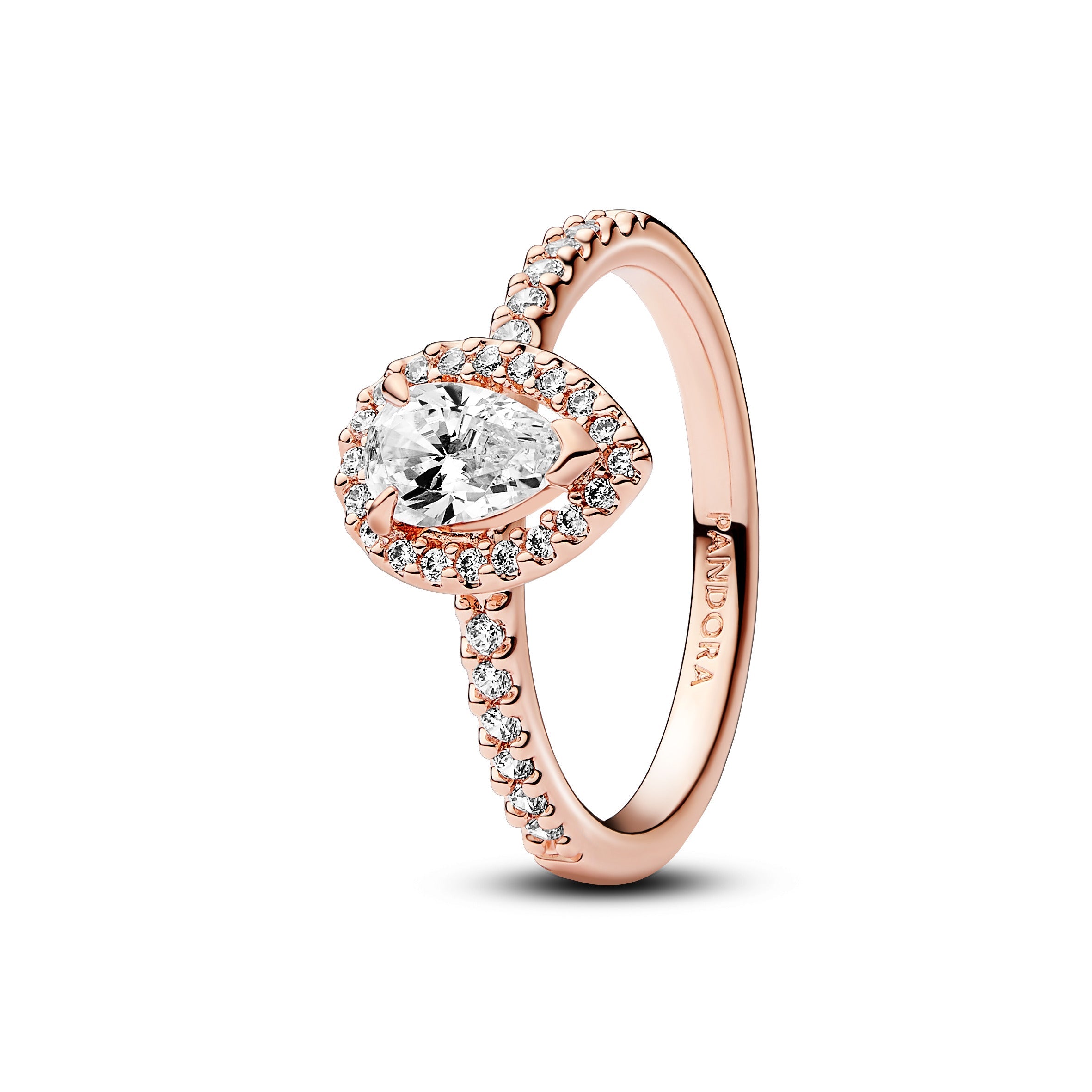 PANDORA Sparkling Pear Halo Ring 14K Rose Gold Plated Unique Metal Blend Rings Statement Ring Jewelry Gift