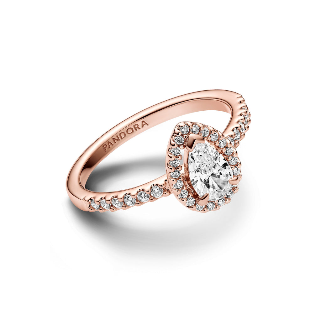 PANDORA Sparkling Pear Halo Ring 14K Rose Gold Plated Unique Metal Blend Rings Statement Ring Jewelry Gift