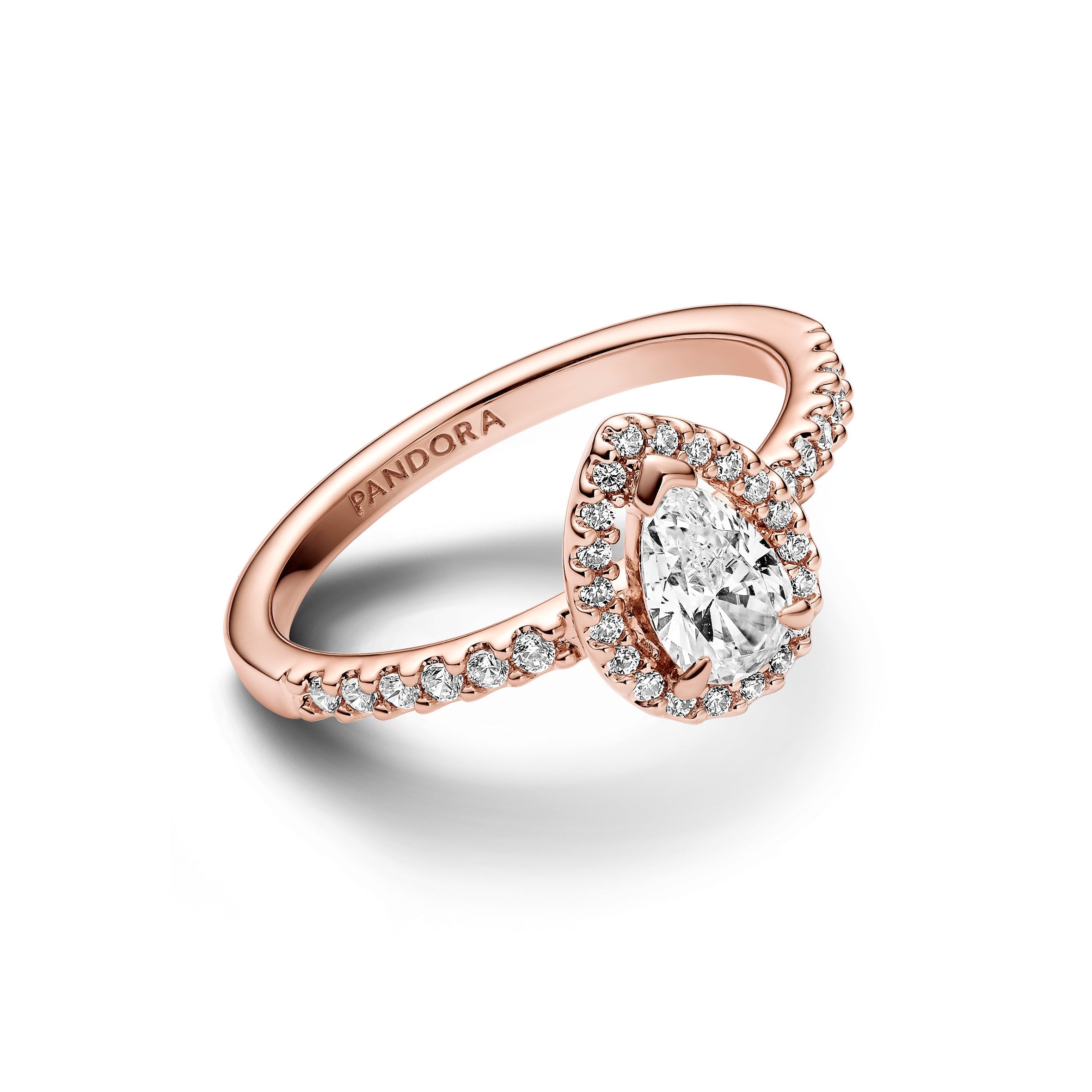 PANDORA Sparkling Pear Halo Ring 14K Rose Gold Plated Unique Metal Blend Rings Statement Ring Jewelry Gift