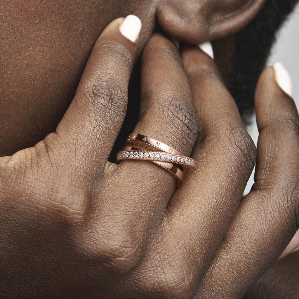 PANDORA Crossover Pavé Triple Band Ring 14K Rose Gold Plated Unique Metal Blend Clear Rings Statement Ring Jewelry Gift