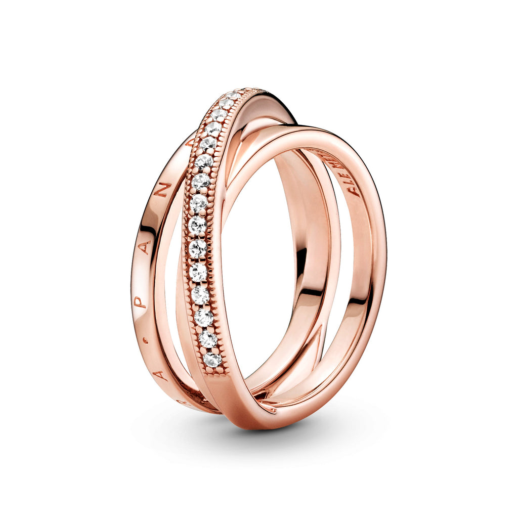 PANDORA Crossover Pavé Triple Band Ring 14K Rose Gold Plated Unique Metal Blend Clear Rings Statement Ring Jewelry Gift