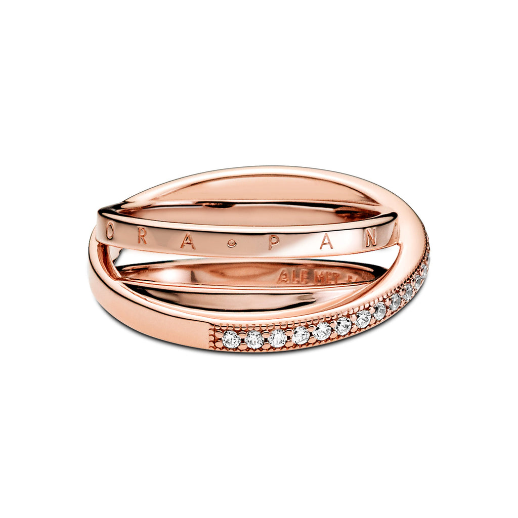 PANDORA Crossover Pavé Triple Band Ring 14K Rose Gold Plated Unique Metal Blend Clear Rings Statement Ring Jewelry Gift