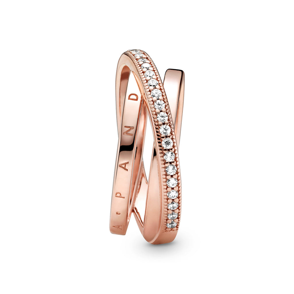 PANDORA Crossover Pavé Triple Band Ring 14K Rose Gold Plated Unique Metal Blend Clear Rings Statement Ring Jewelry Gift