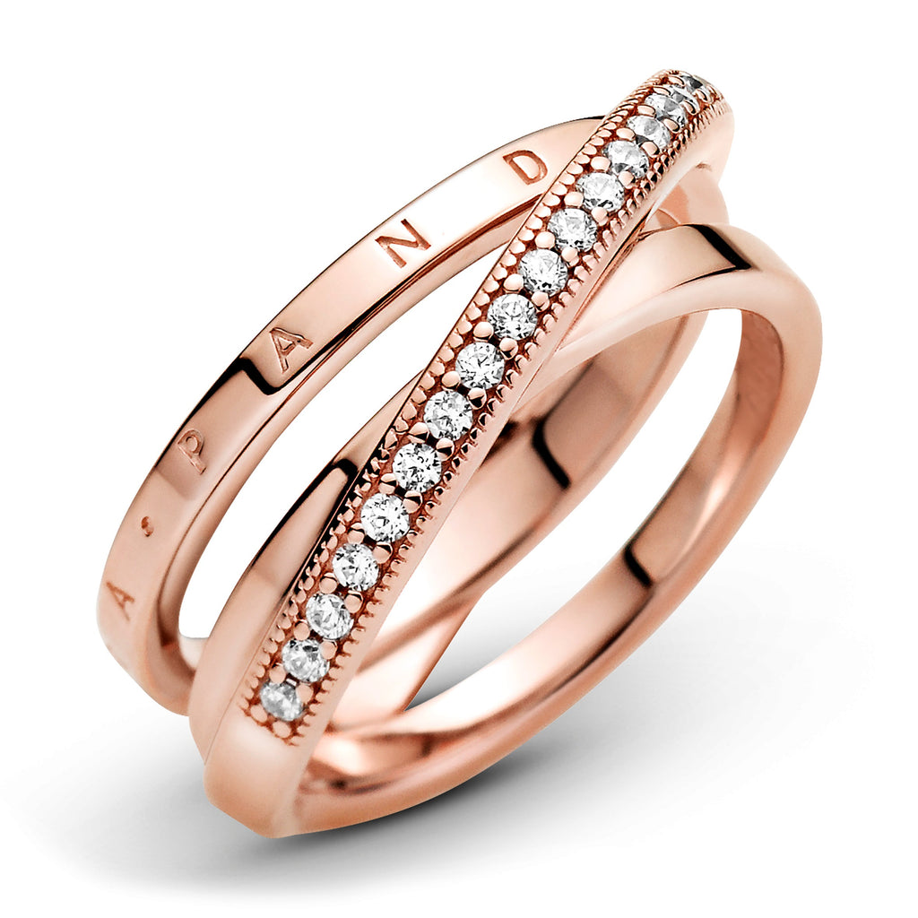 PANDORA Crossover Pavé Triple Band Ring 14K Rose Gold Plated Unique Metal Blend Clear Rings Statement Ring Jewelry Gift