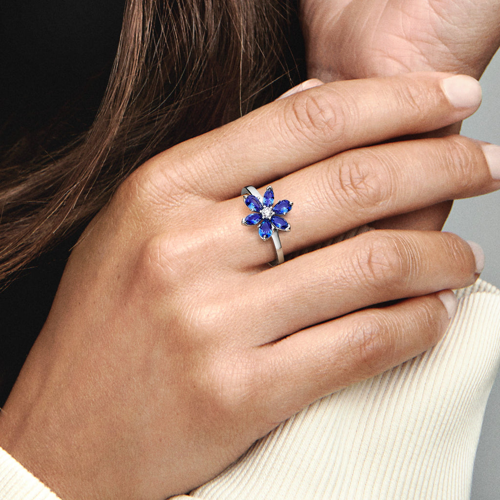 PANDORA Sparkling Herbarium Cluster Ring Cubic Zirconia Blue Rings Statement Ring Jewelry Gift