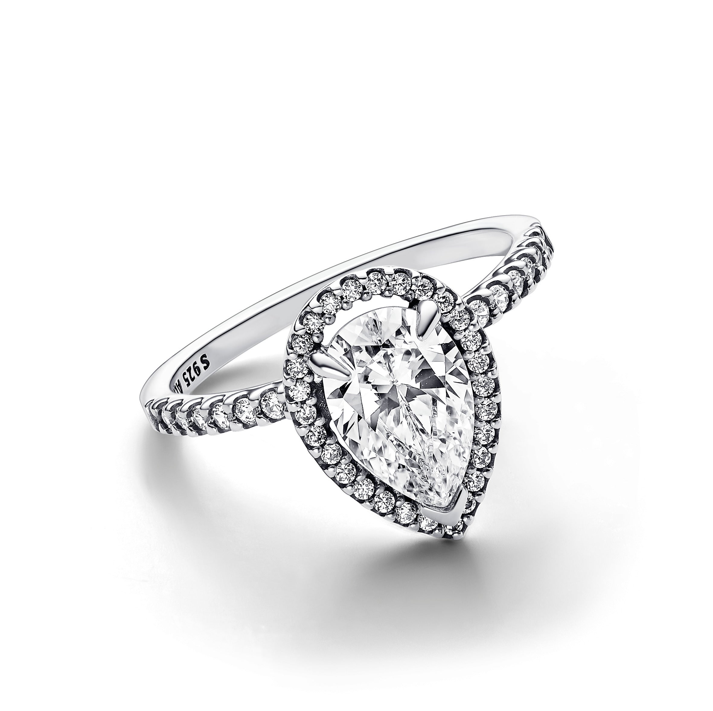PANDORA Sparkling Pear Halo Ring Cubic Zirconia Silver Rings Statement Ring Jewelry Gift