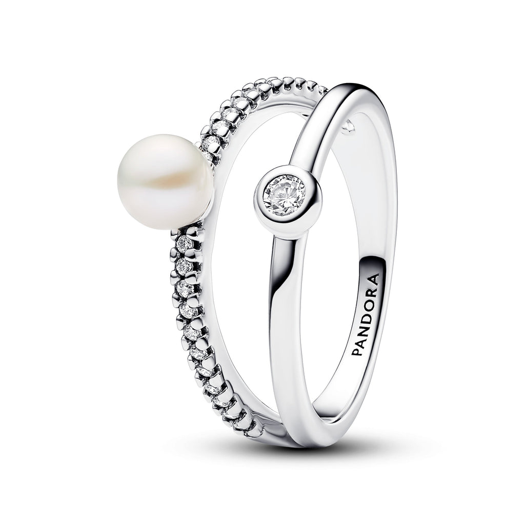 PANDORA Treated Freshwater Cultured Pearl And Pavé Double Band Ring Cubic Zirconia Silver Rings Statement Ring Jewelry Gift