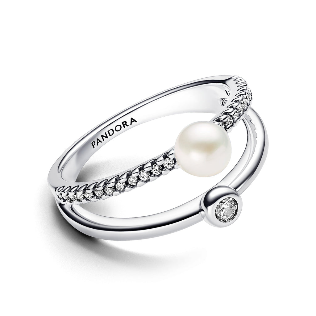 PANDORA Treated Freshwater Cultured Pearl And Pavé Double Band Ring Cubic Zirconia Silver Rings Statement Ring Jewelry Gift
