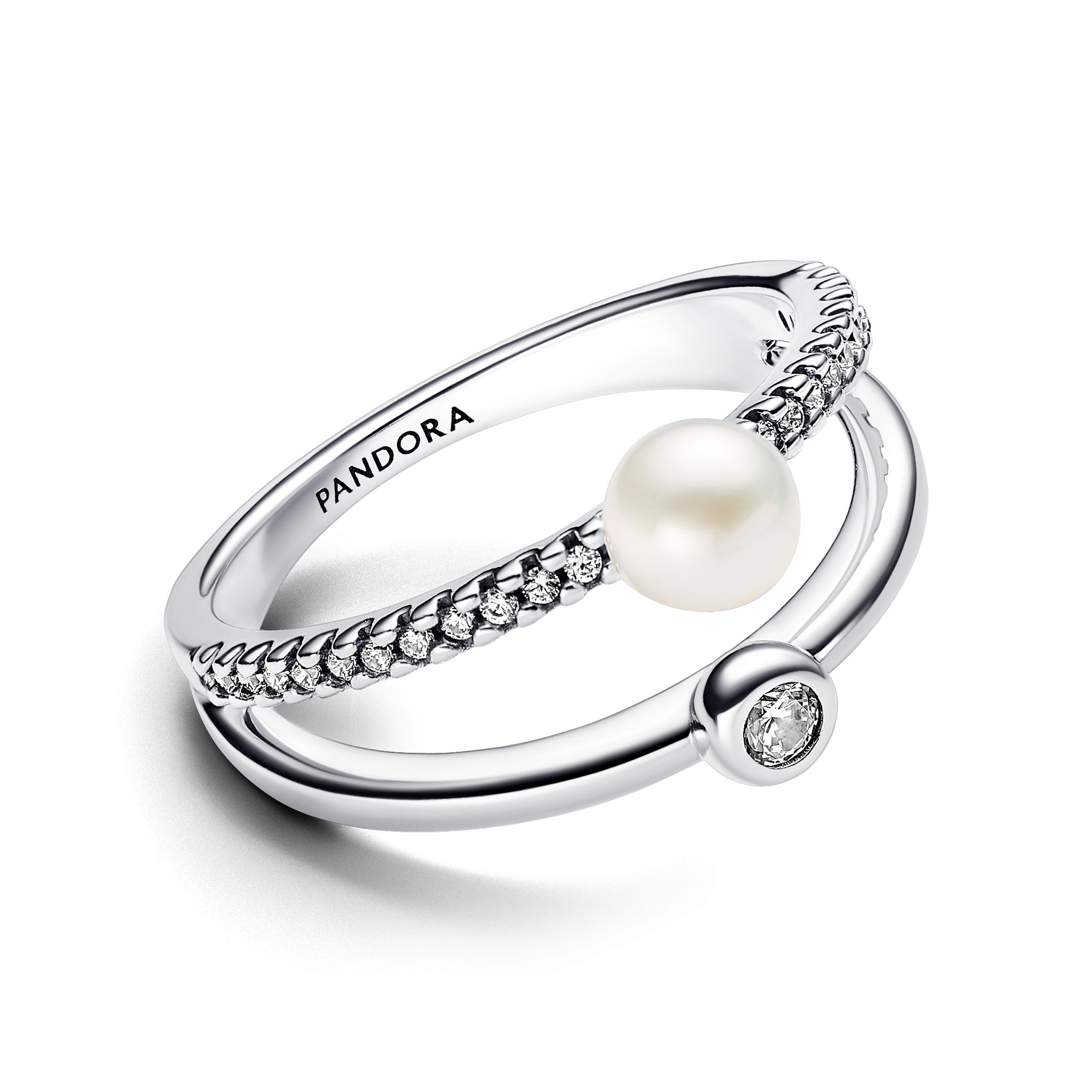 PANDORA Treated Freshwater Cultured Pearl And Pavé Double Band Ring Cubic Zirconia Silver Rings Statement Ring Jewelry Gift