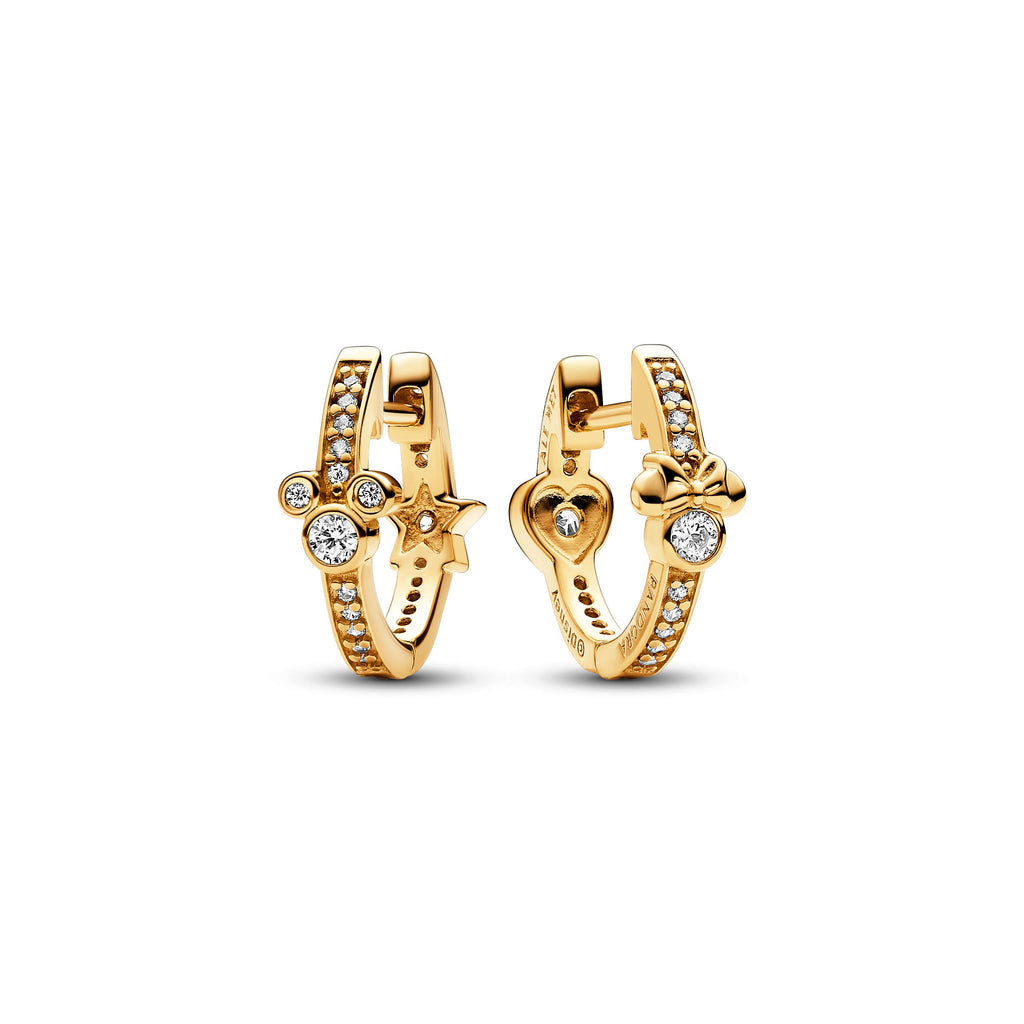 PANDORA Disney Mickey Mouse And Minnie Mouse Sparkling Hoop Earrings 14K Gold Plated Unique Metal Blend Disney X PANDORA Statement Ring Jewelry Gift