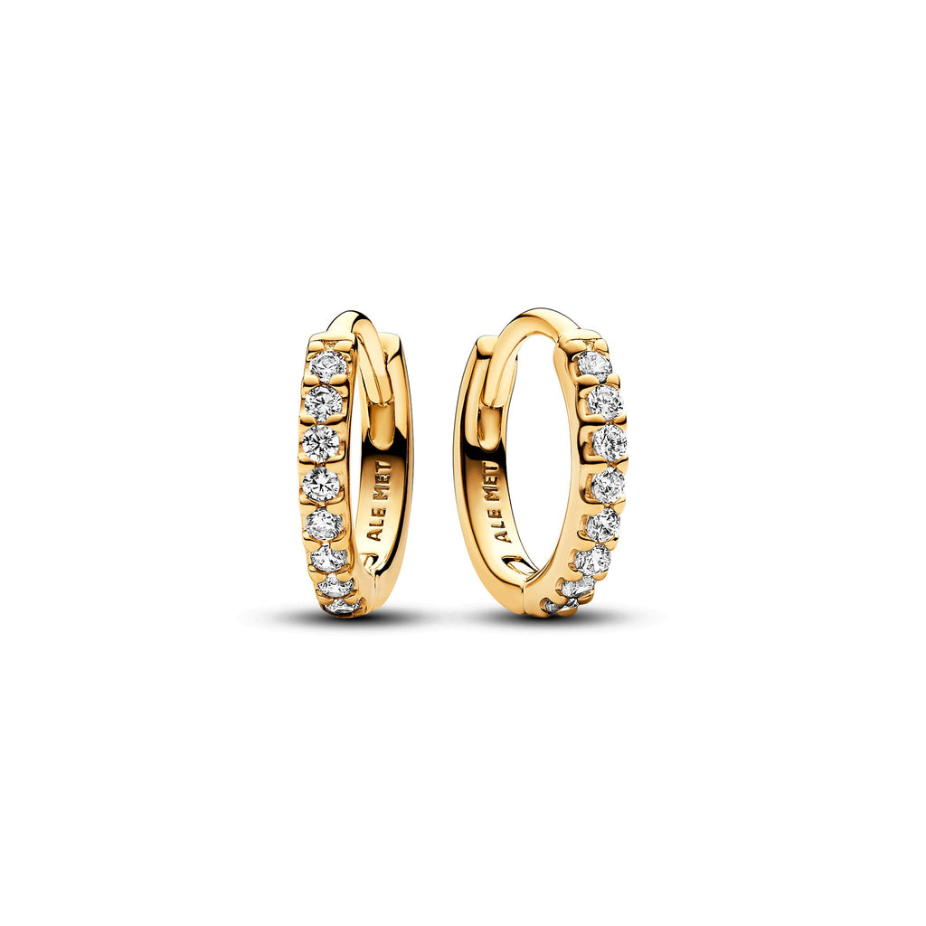PANDORA Sparkling Huggie Hoop Earrings 14K Gold Plated Unique Metal Blend Statement Ring Jewelry Gift