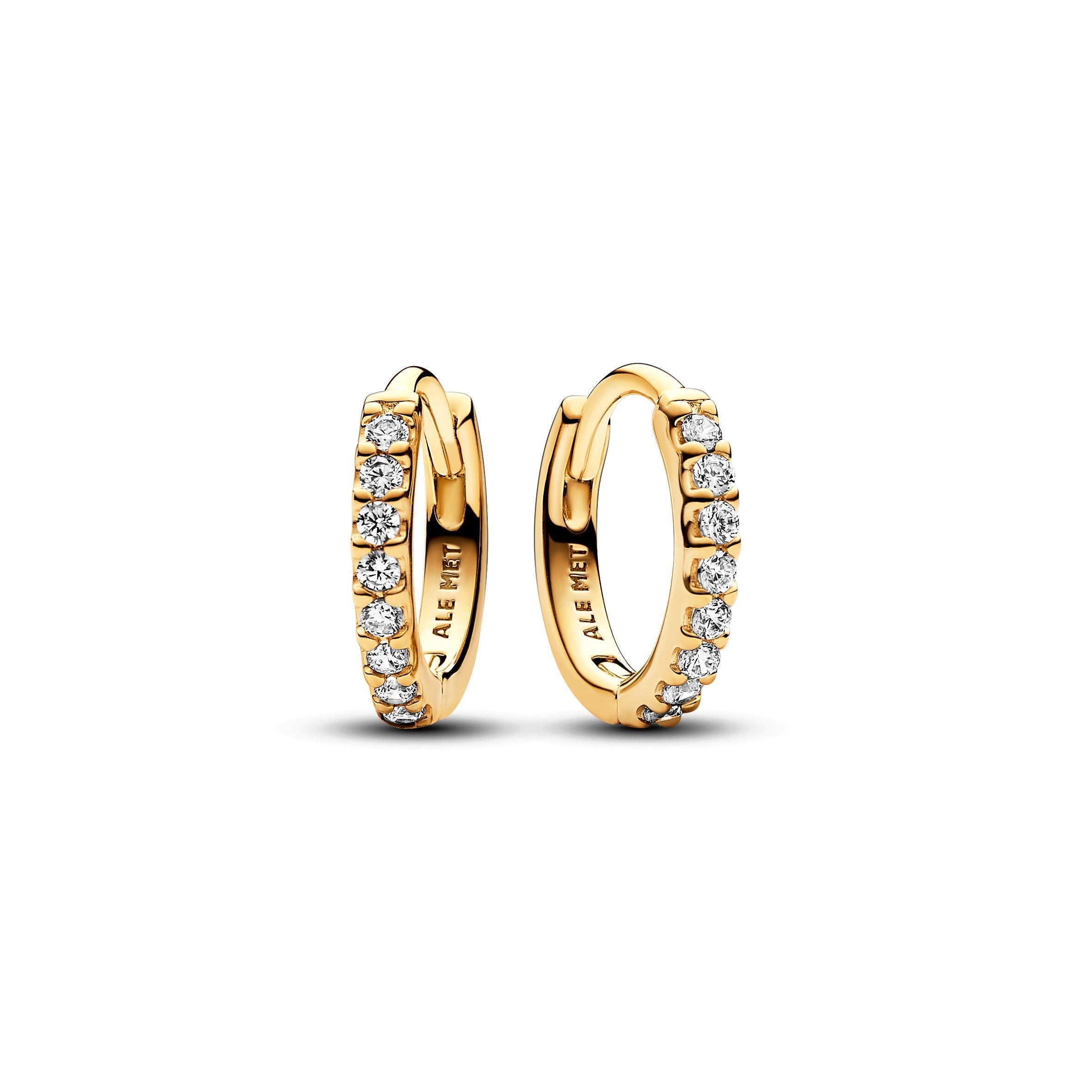 PANDORA Sparkling Huggie Hoop Earrings 14K Gold Plated Unique Metal Blend Statement Ring Jewelry Gift