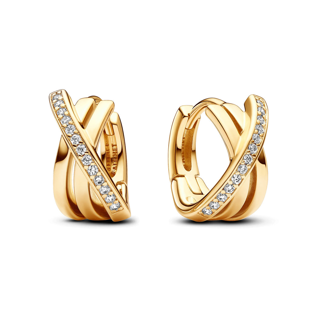 PANDORA Crossover Pavé Hoop Earrings 14K Gold Plated Unique Metal Blend Statement Ring Jewelry Gift
