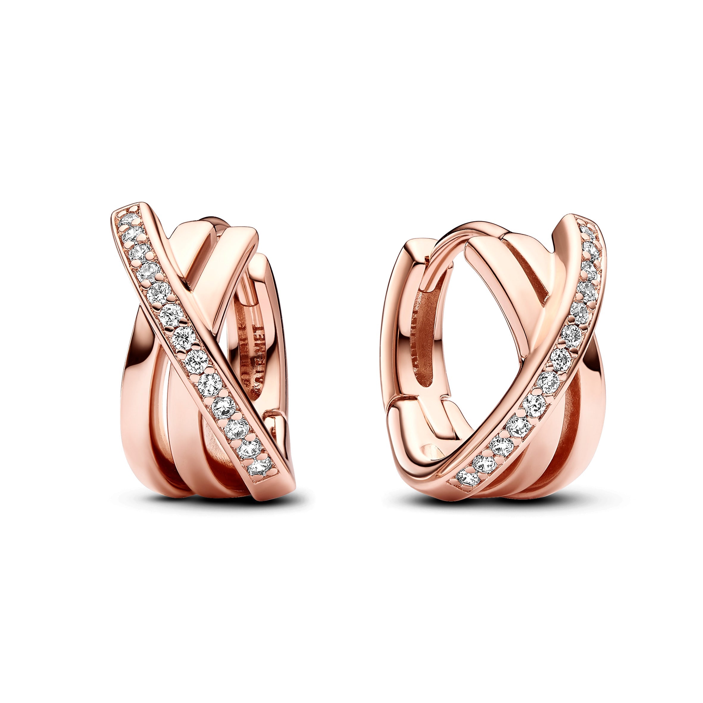 PANDORA Crossover Pavé Hoop Earrings 14K Rose Gold Plated Unique Metal Blend Statement Ring Jewelry Gift