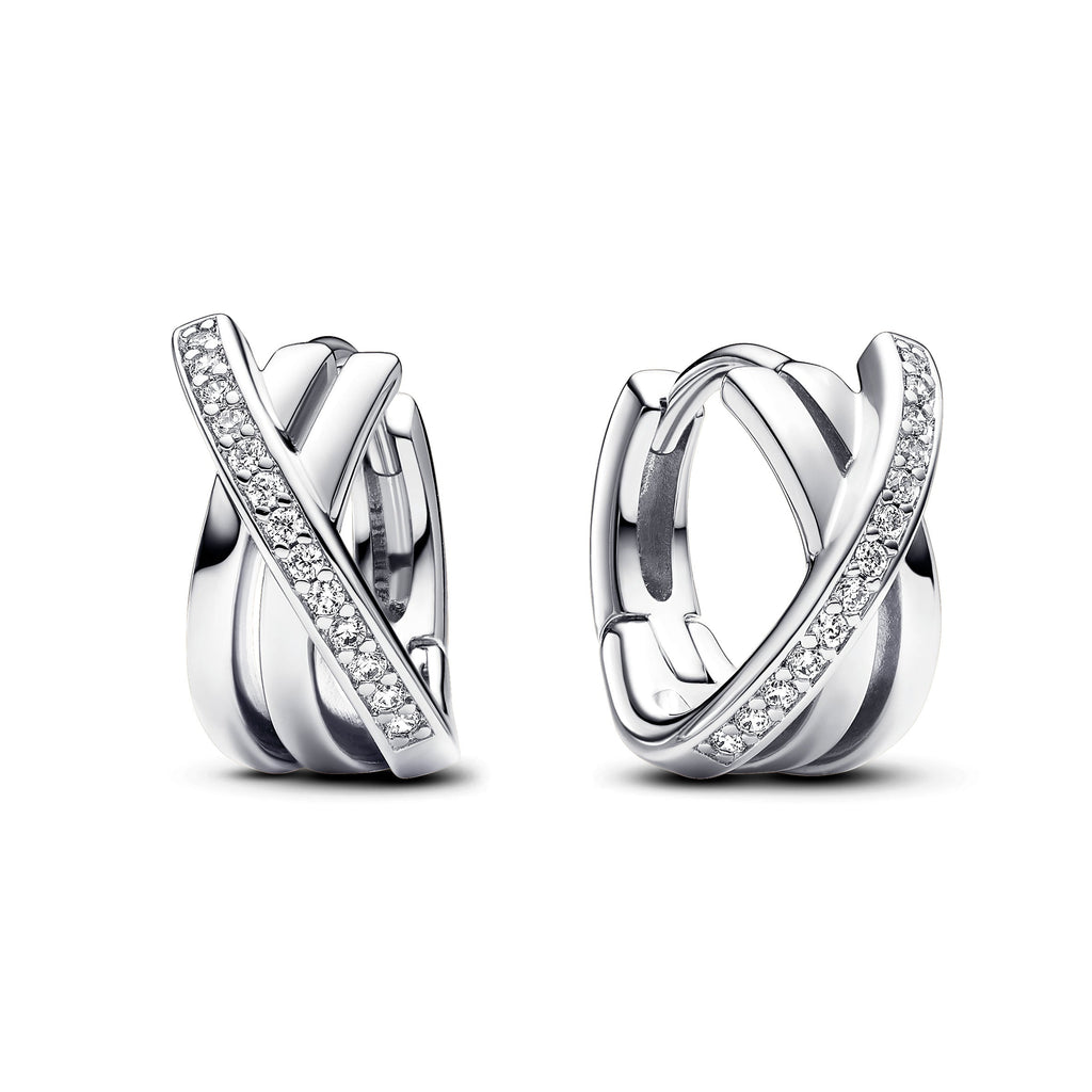 PANDORA Crossover Pavé Hoop Earrings Cubic Zirconia Silver Statement Ring Jewelry Gift