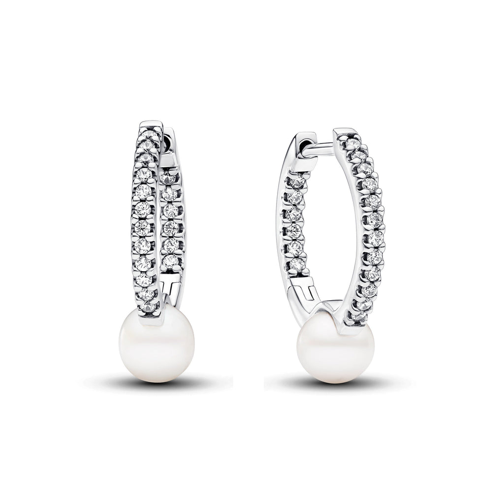 PANDORA Treated Freshwater Cultured Pearl And Pavé Hoop Earrings Cubic Zirconia Silver Statement Ring Jewelry Gift