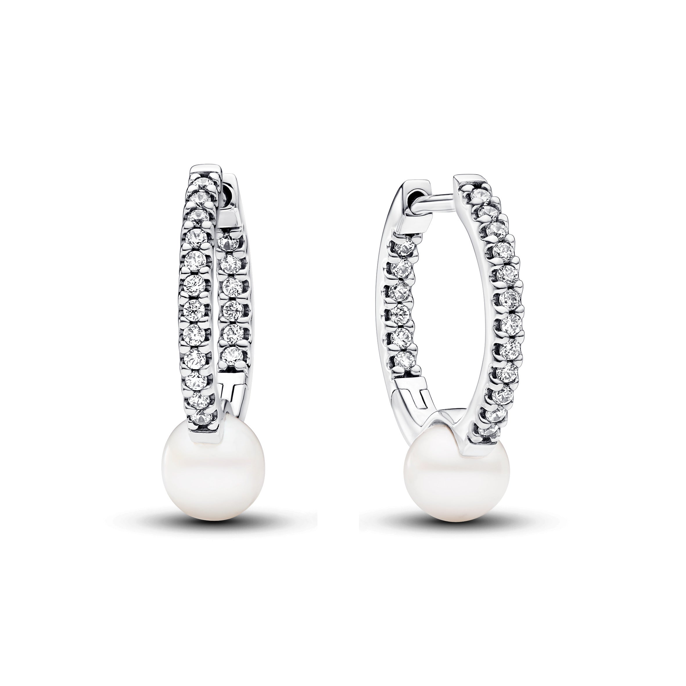 PANDORA Treated Freshwater Cultured Pearl And Pavé Hoop Earrings Cubic Zirconia Silver Statement Ring Jewelry Gift
