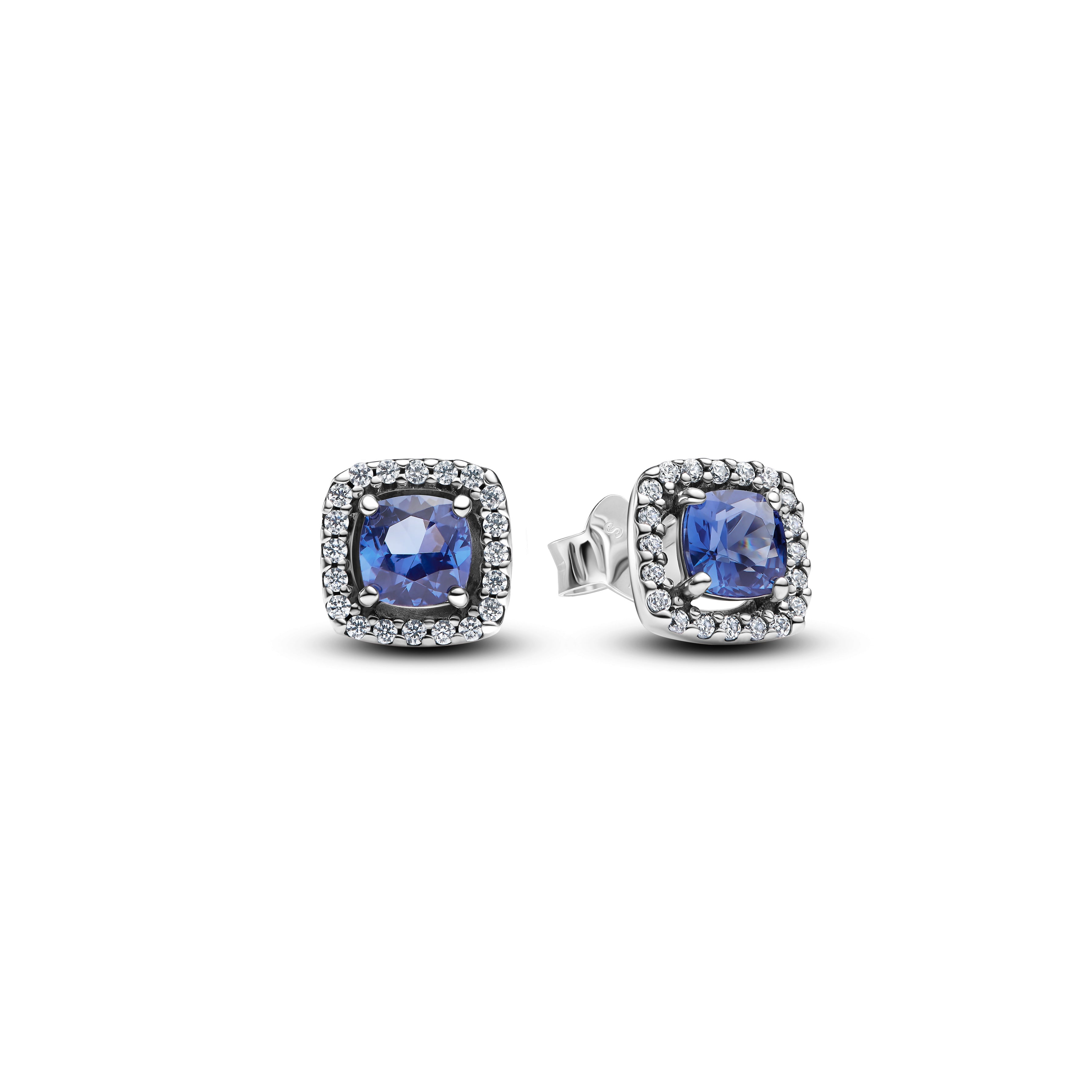 PANDORA Sparkling Square Blue Halo Stud Earrings Cubic Zirconia Colour And Sparkle Statement Ring Jewelry Gift