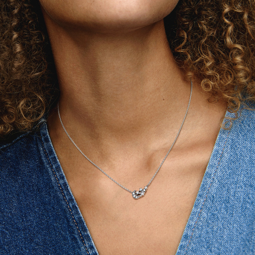 PANDORA Sparkling Moon And Star Collier Necklace Cubic Zirconia Silver Necklaces Pendant Necklace Jewelry Gift