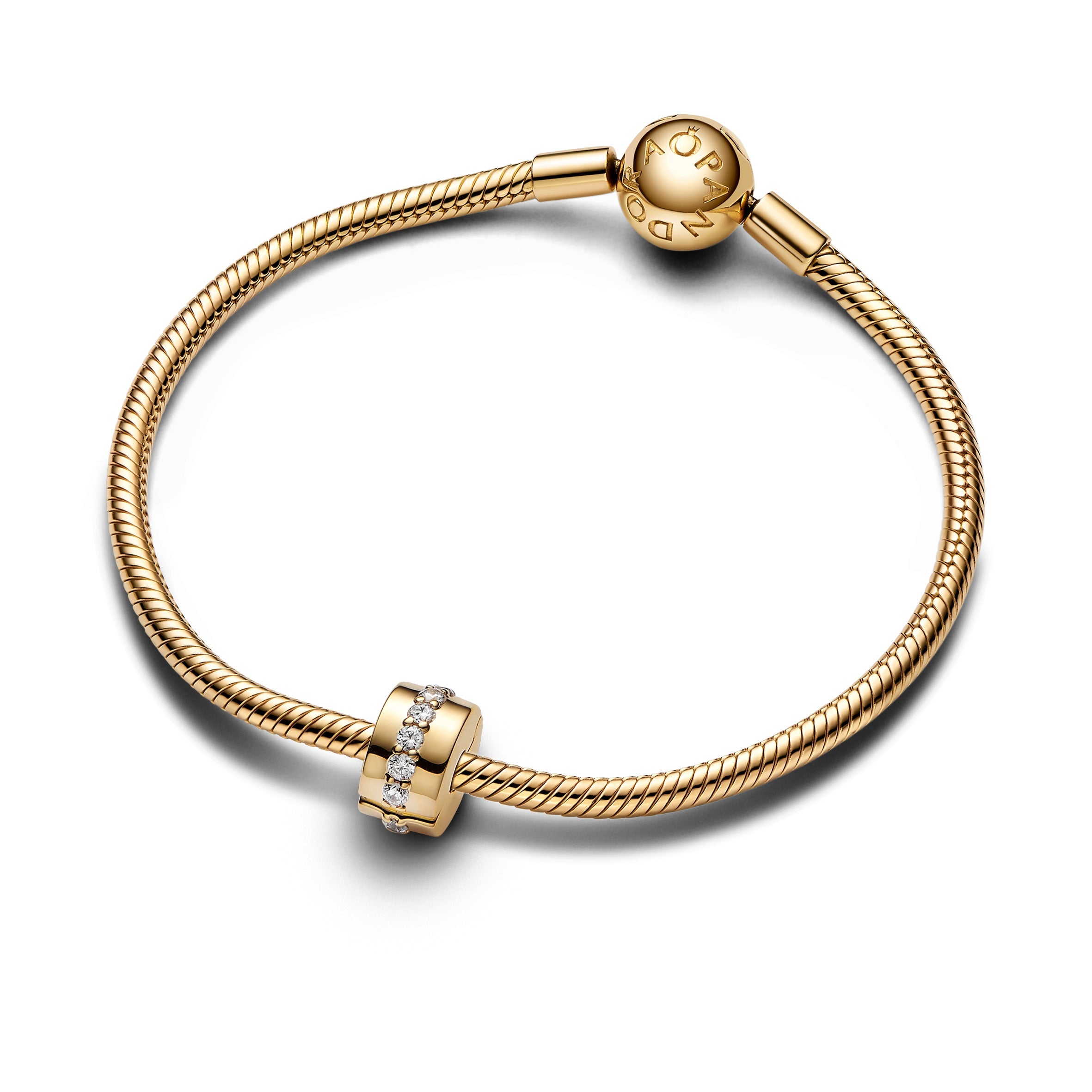 PANDORA Clear Sparkling Row Clip Charm 14K Gold Plated Unique Metal Blend Be Love Charms Bracelet Charm Jewelry Gift